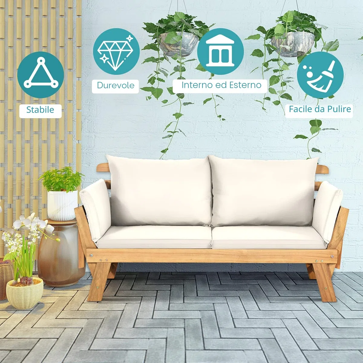 GIANTEX Divano Esterno da Giardino 2 Posti con Cuscino，Set da Giardino in Legno Certificato FSC®，Sdraio da Giardino Pieghevole da 2 Persone,153/194 x 72 x 76 cm，Beige/Grigio