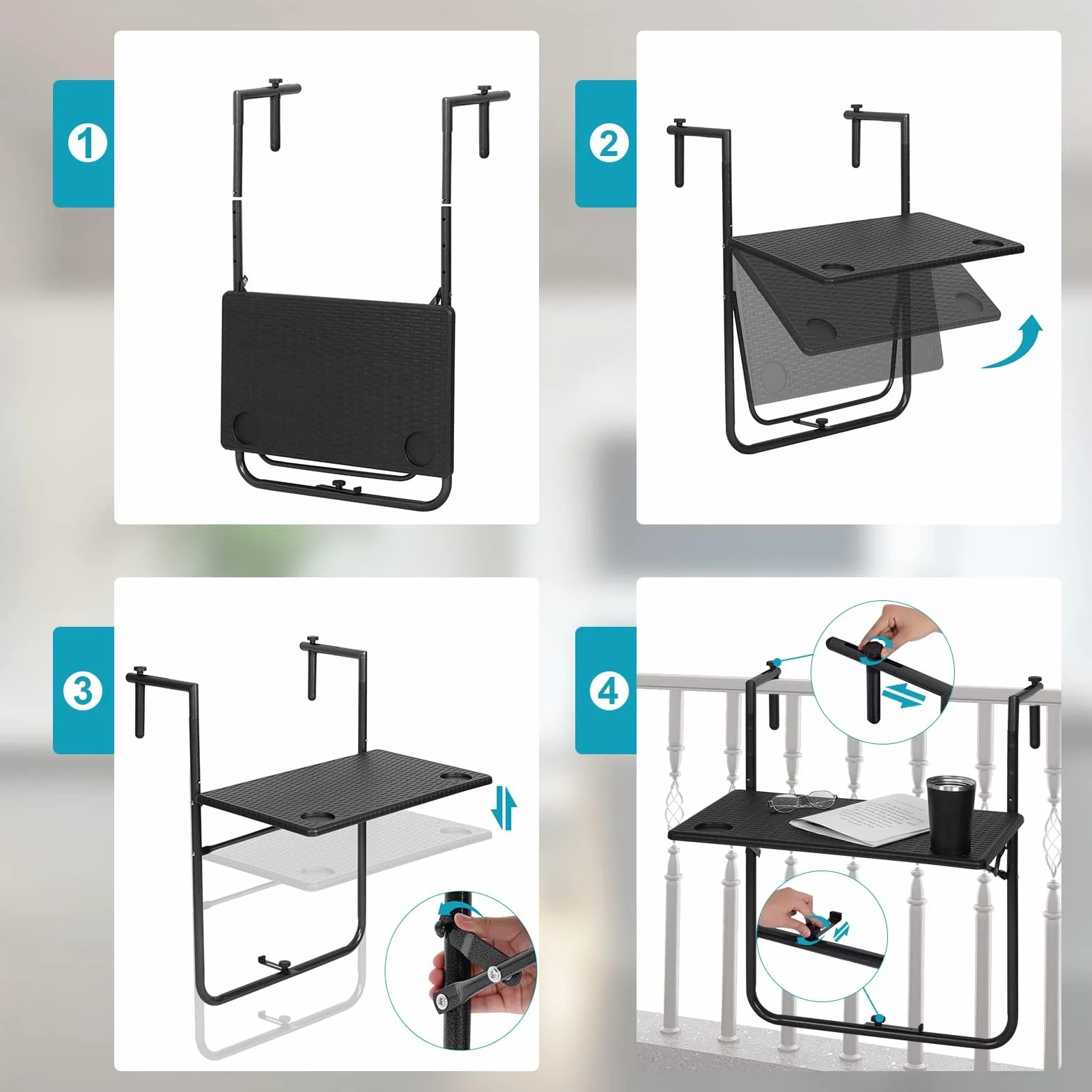 WOLTU Tavolino Pieghevole da Balcone Regolabile in 3 Altezze, Tavolo Sospeso per Ringhiera, Rattan, Nero