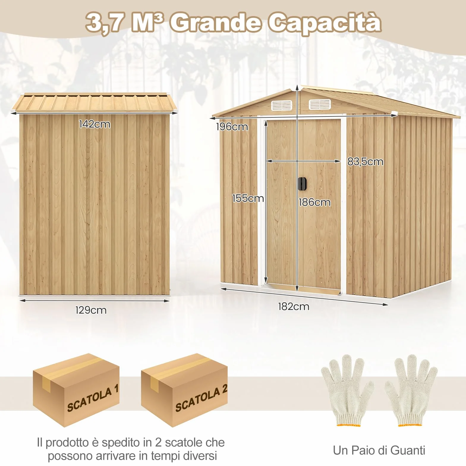 COSTWAY Casetta da Esterno 2,34㎡ Capanno Porta Attrezzi Lamiera Acciaio Zincata 196 x 142 x 186 cm