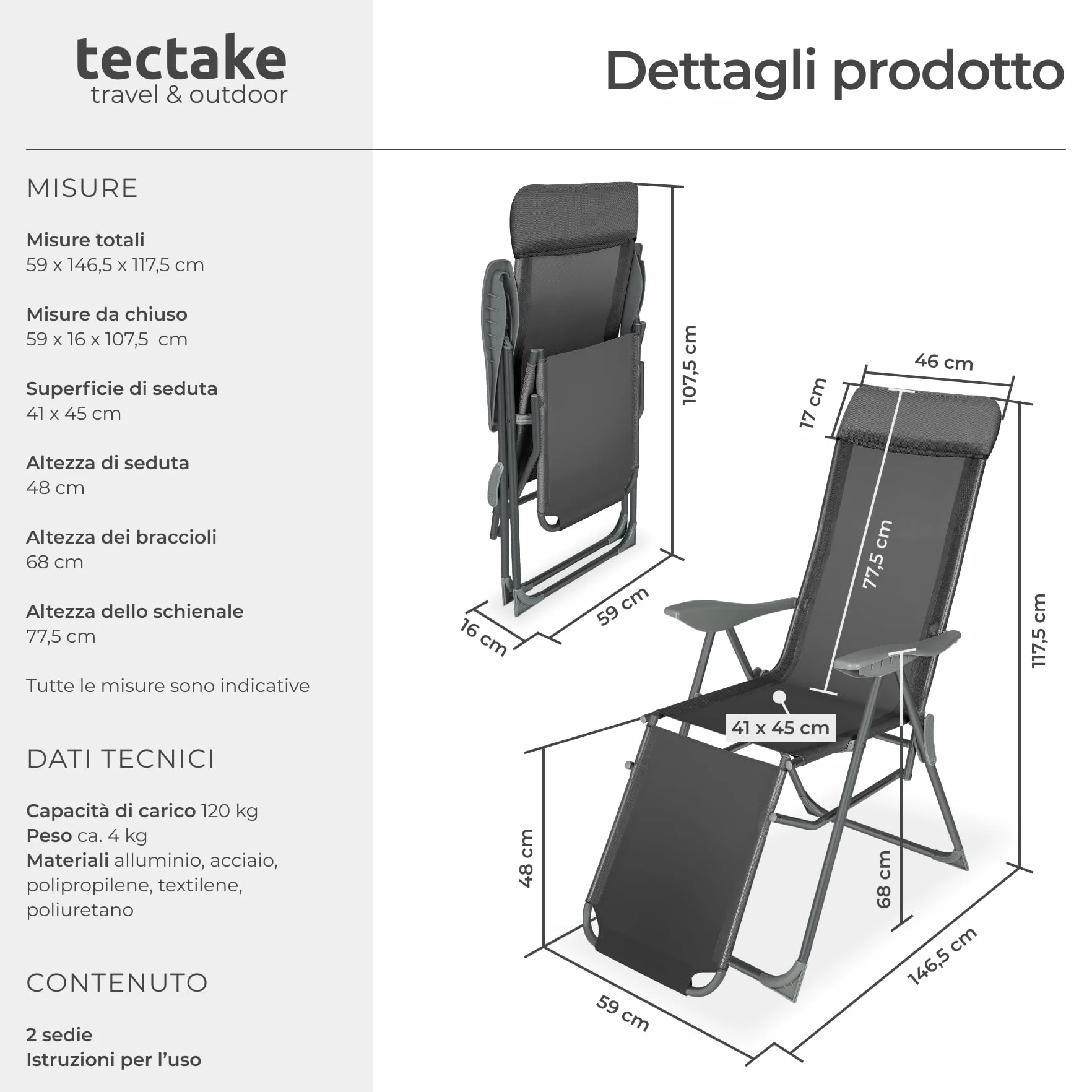 Set di 2 Sedie Pieghevoli Jana in Alluminio, Schienale Regolabile 5 Posizioni, Poggiatesta Imbottito - Antracite