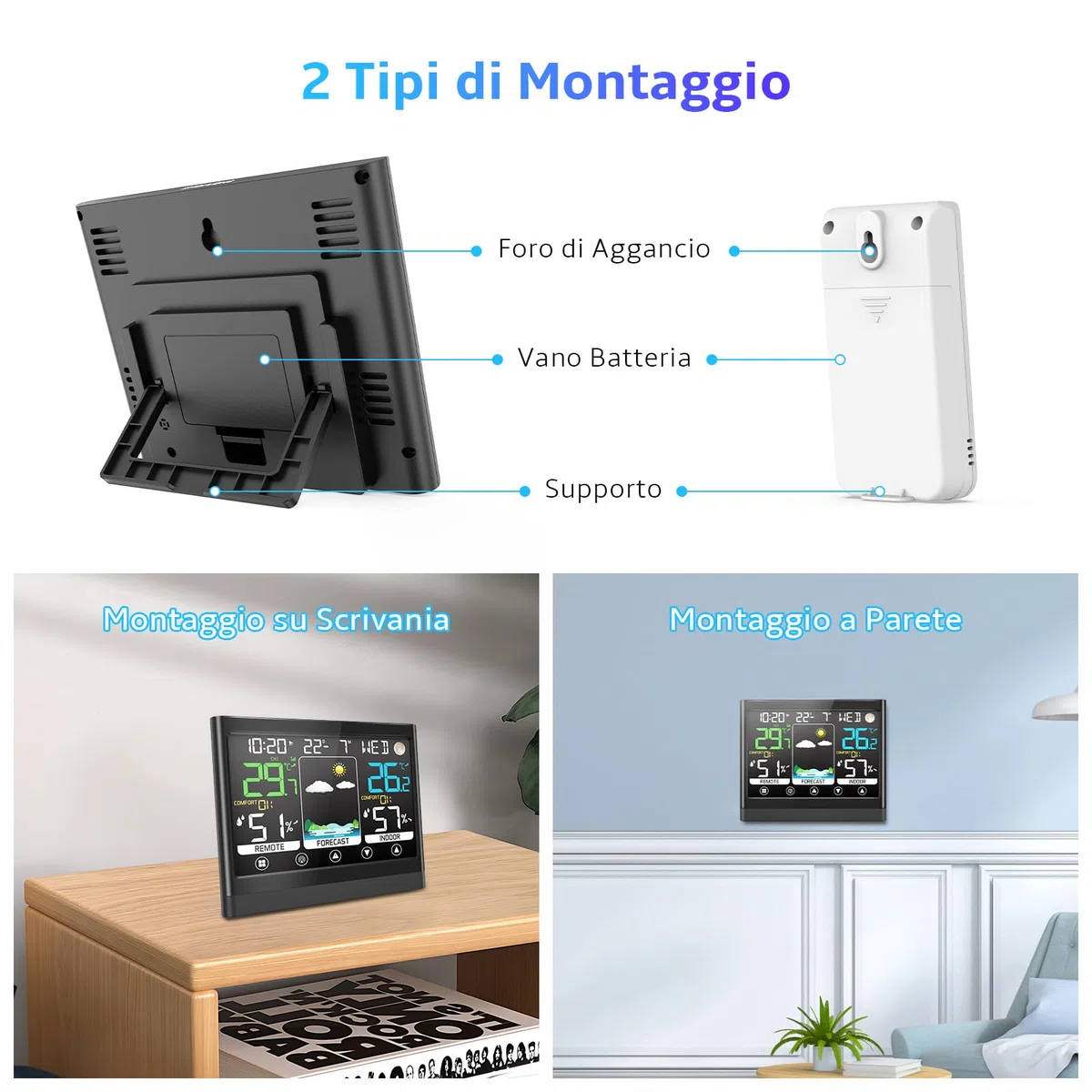 Stazione Meteo con Sensore Esterno, Termometro Igrometro Interno Digitale, Stazione Meteorologica Professionale, Ampio Schermo LCD Display, Sveglia Data Temperatura Umidità Previsioni di Tempo