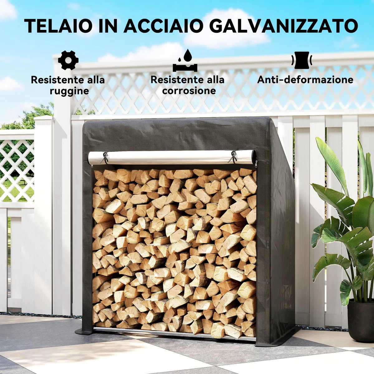 Outsunny Legnaia da Esterno in Acciaio Rinforzato, Portalegna Impermeabile 100x60x110 cm Nero Argento