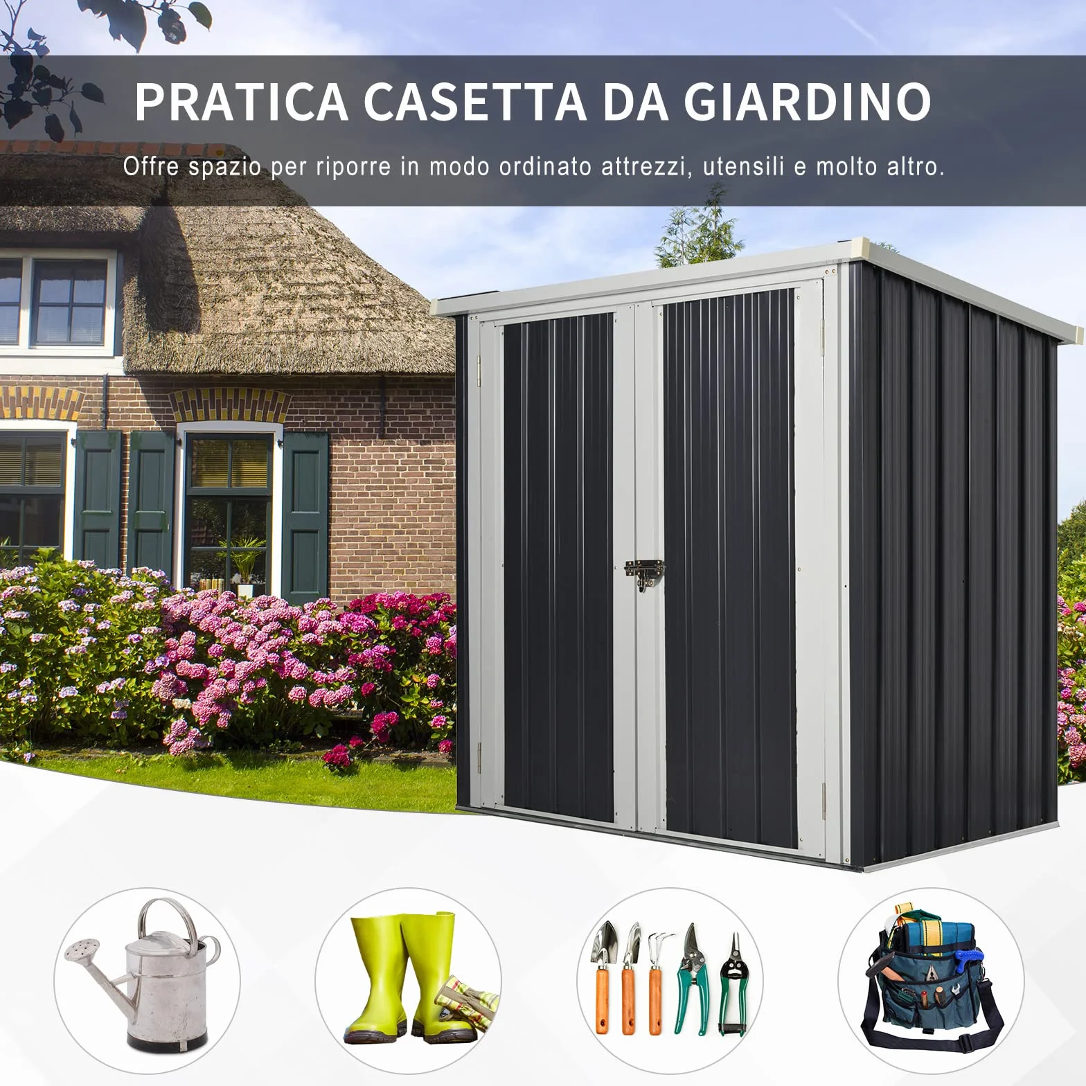 Outsunny Casetta da Giardino in Lamiera di Acciaio, Capanno a Doppia Porta con Sistema di Blocco, 147x86x134cm, Nero e Bianco
