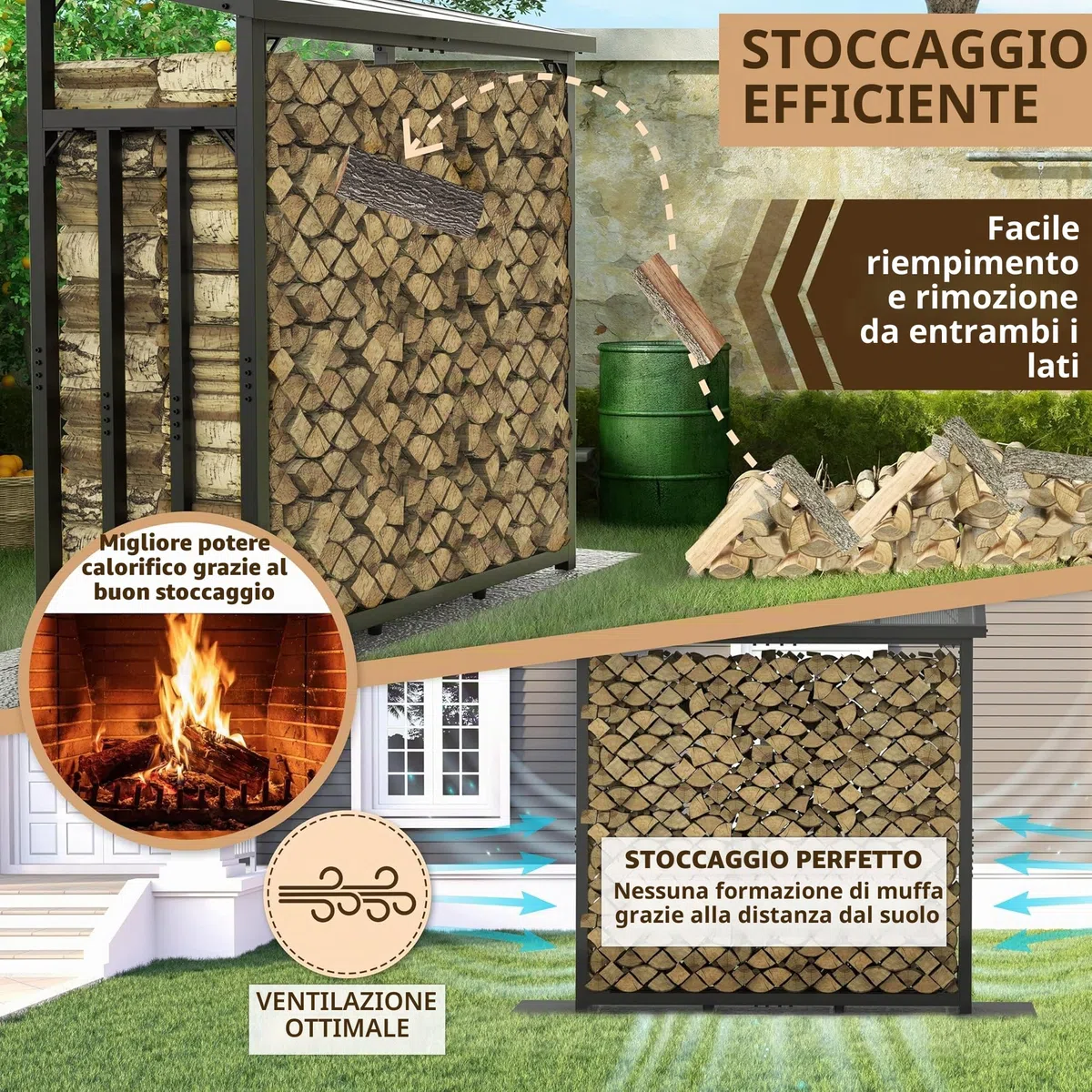 Portalegna da esterno con tetto zincato 188x70x188 45kg portata 3t legnaia metallo
