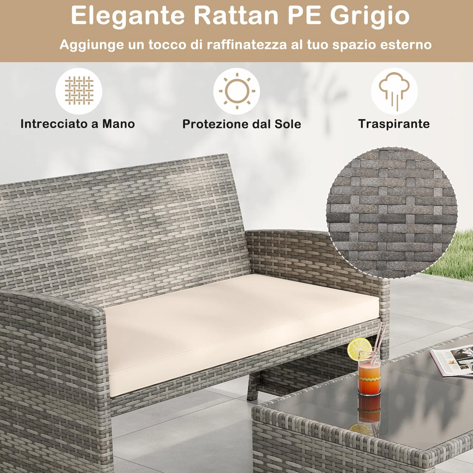 SOARS Set Mobili da Giardino in Rattan PE, Divano 2 Posti, 2 Poltrone, Tavolino Vetro, 4 Posti, Grigio+Bianco