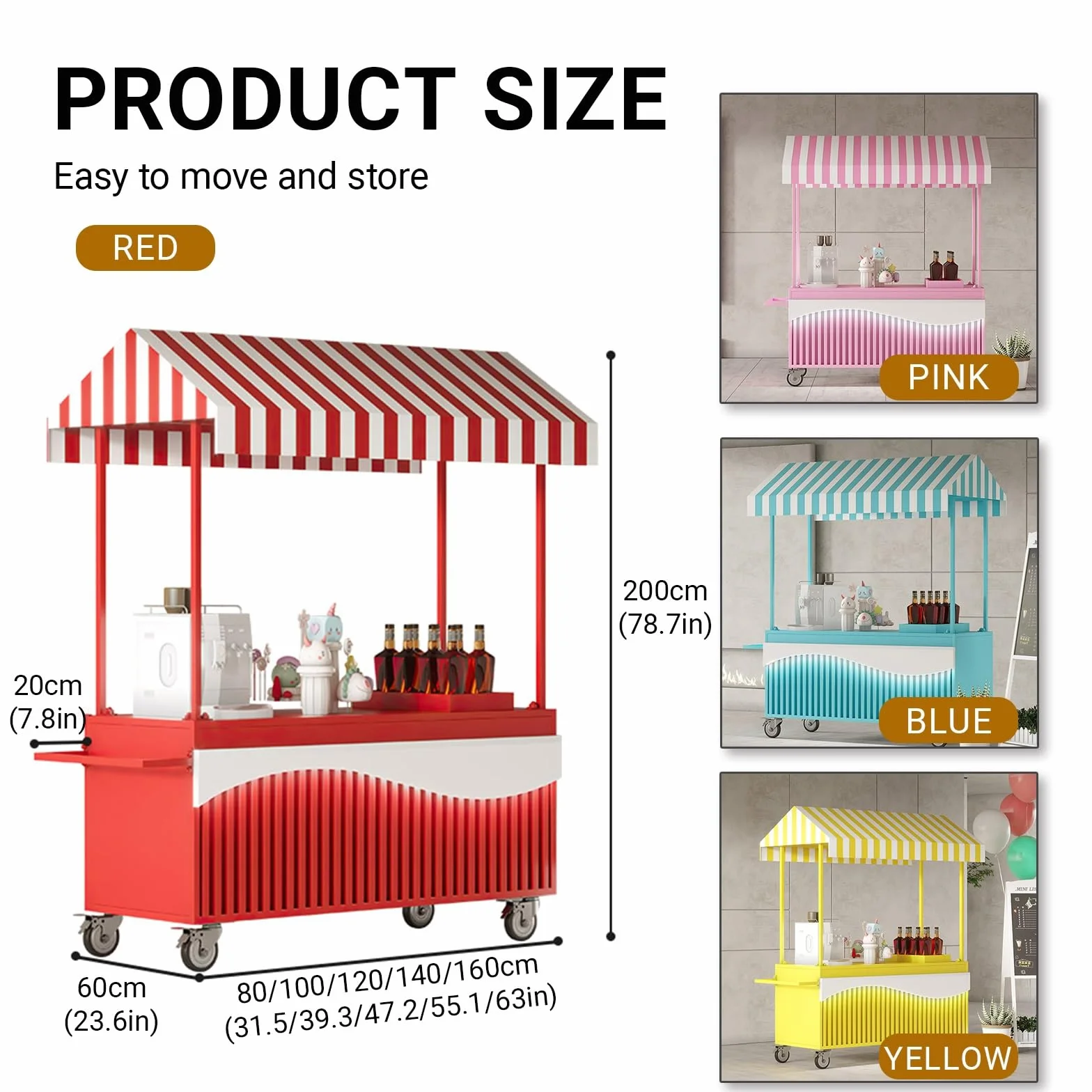 Carrello portatile pieghevole con tenda per vendita snack, dolci e giocattoli per mercatini e fiere