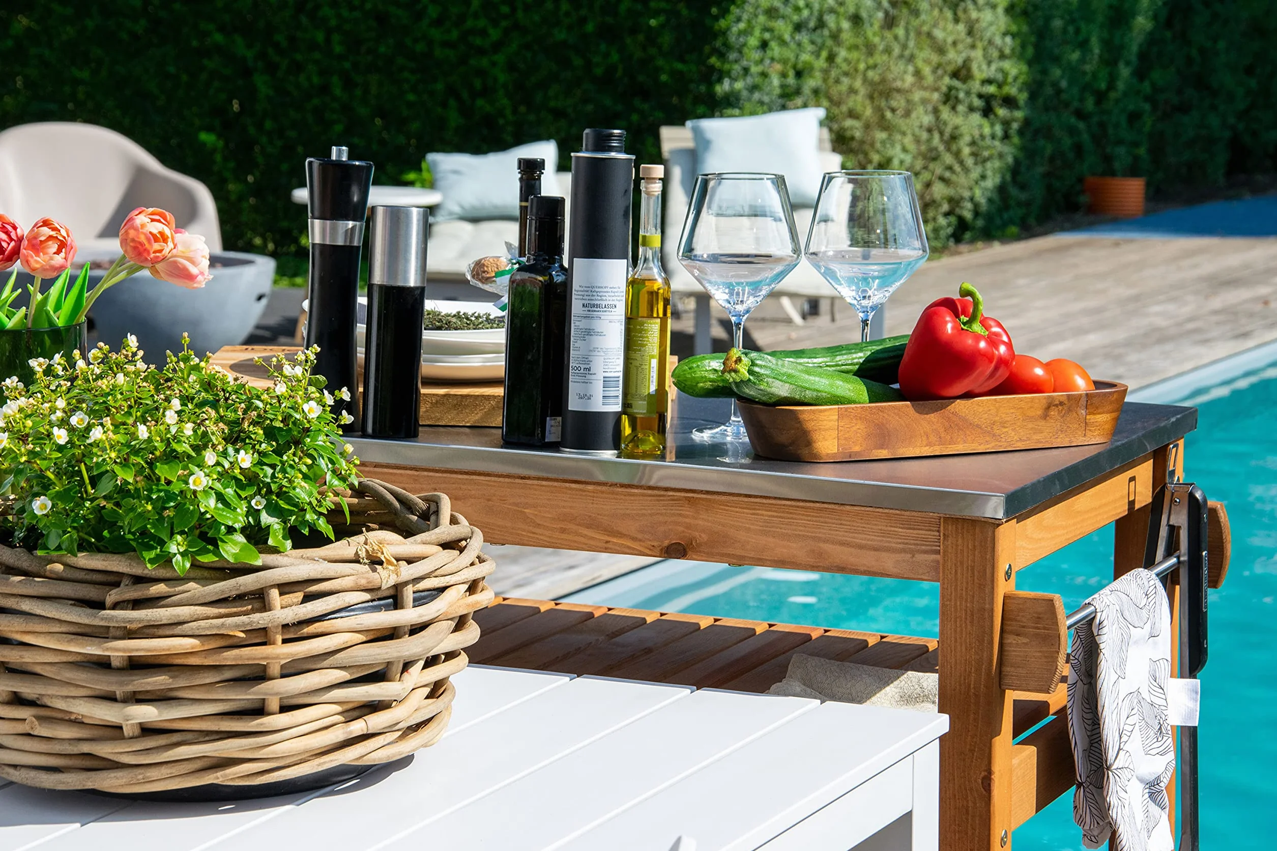 dobar® 35540FSCe Tavolo multifunzione con carrello arrotolabile legno massiccio piastra acciaio inox 94x58x90 cm Marrone