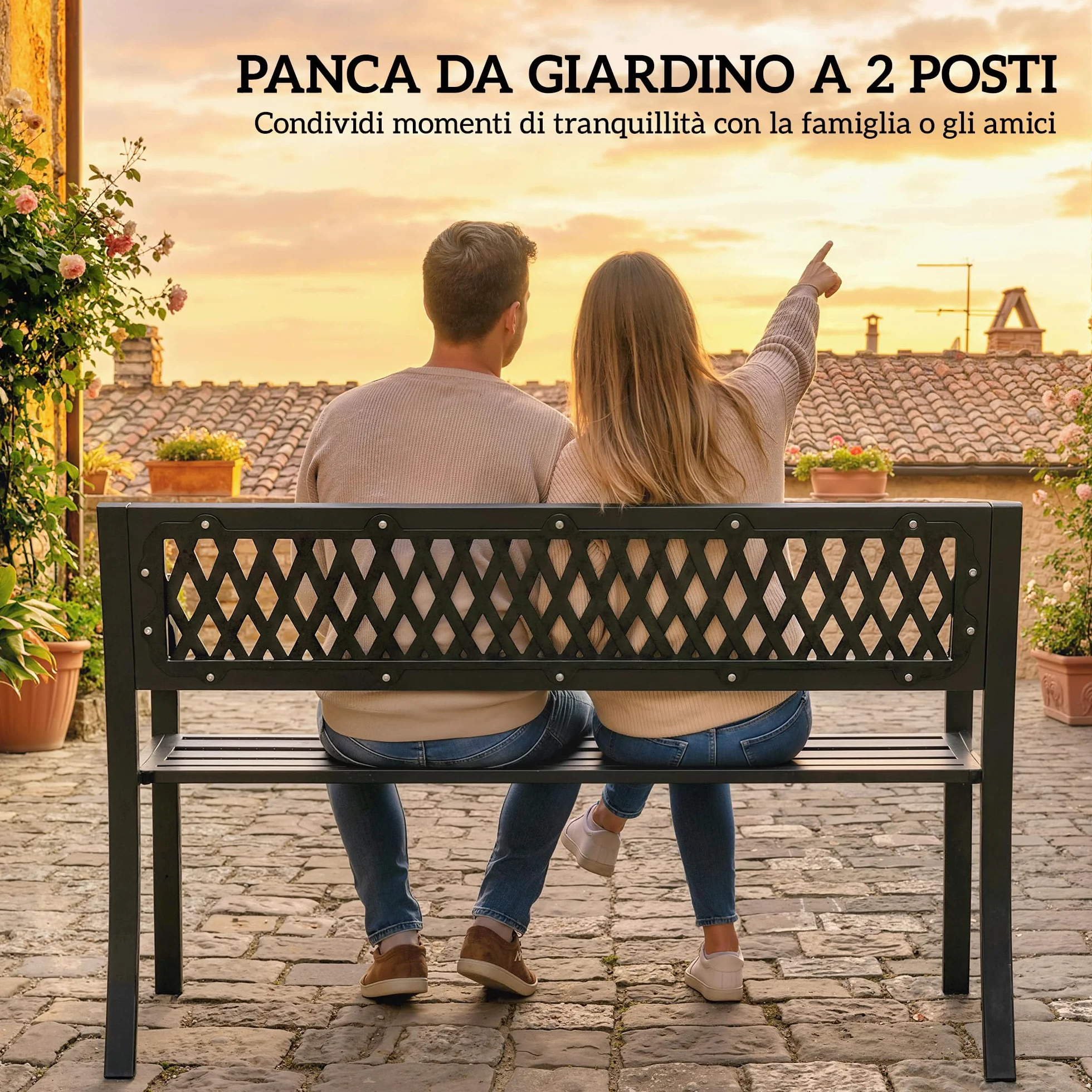 Outsunny Panchina da Giardino per Esterno 2 Posti, Panchina da Patio in Metallo con Braccioli e Seduta a Doghe, per Giardino, Parco, Balcone, Terrazzo, Capacità Fino 240 kg, Nero