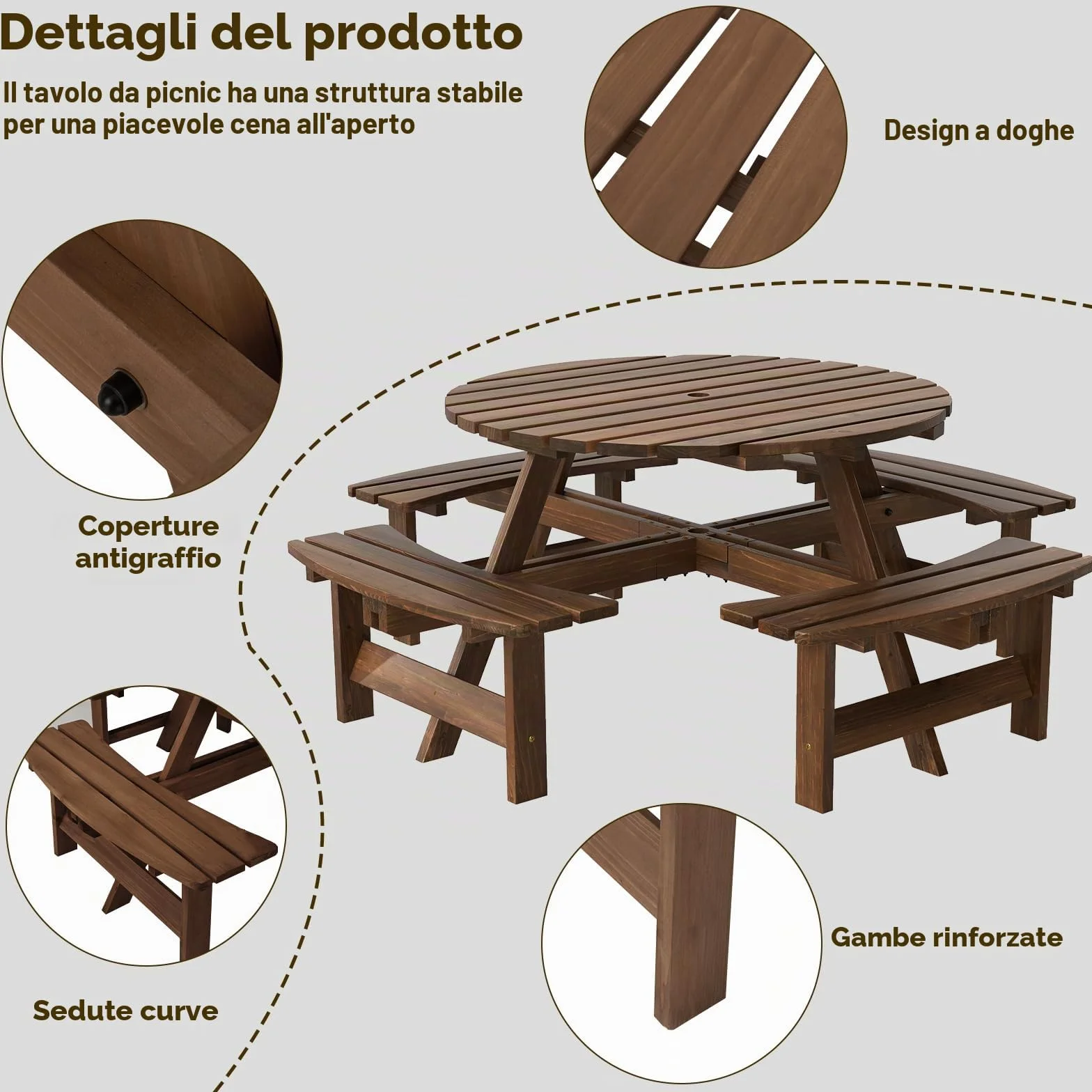 GIANTEX Set da Giardino in Legno di Abete 8 Persone Tavolo con Sedie Integrato Foro Ombrellone 178x70 cm
