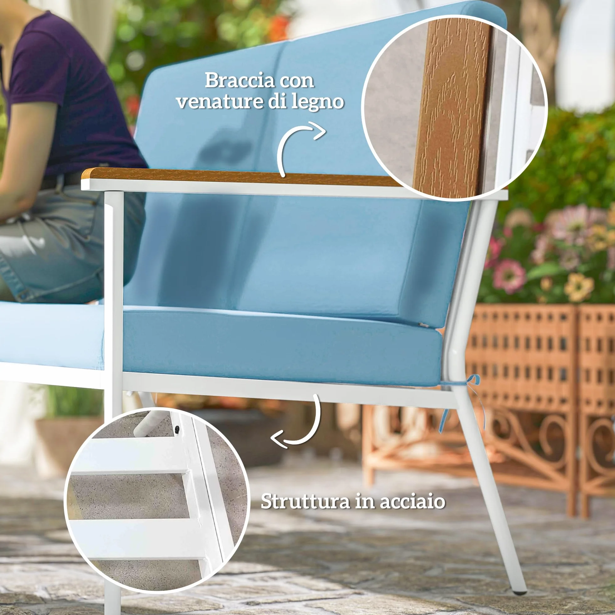 Outsunny Set Salotto da Giardino 5 Pezzi con Divanetto 2 Posti, Poltrone e Tavolino in Vetro, Azzurro