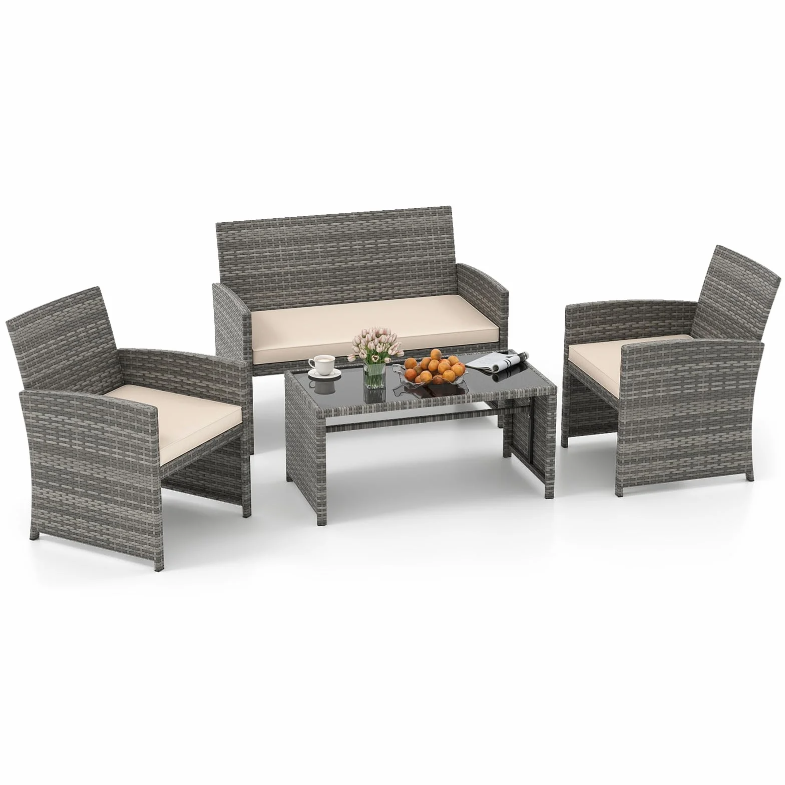 SOARS Set Mobili da Giardino in Rattan PE, Divano 2 Posti, 2 Poltrone, Tavolino Vetro, 4 Posti, Grigio+Bianco