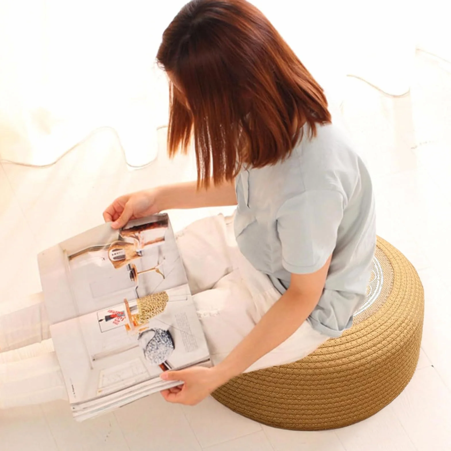 Pouf in rattan, impermeabile per esterni, 40 x 40 x 20 cm, design resistente, cuscino da pavimento in tatami intrecciato a mano per giardino rilassato, poggiapiedi versatile e seduta extra