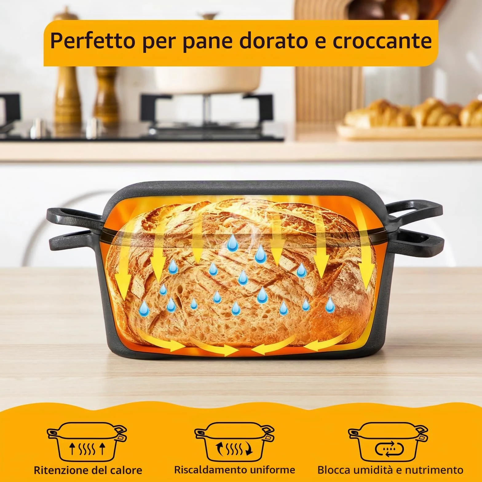 Velaze Pentola in Ghisa per Pane 3.4L - Casseruola in Ghisa Smaltata Rettangolare 27x15cm con Coperchio, Interno Crema Antiaderente - Forno Olandese per Cuocere il Pane e Arrosti, Adatta Induzione