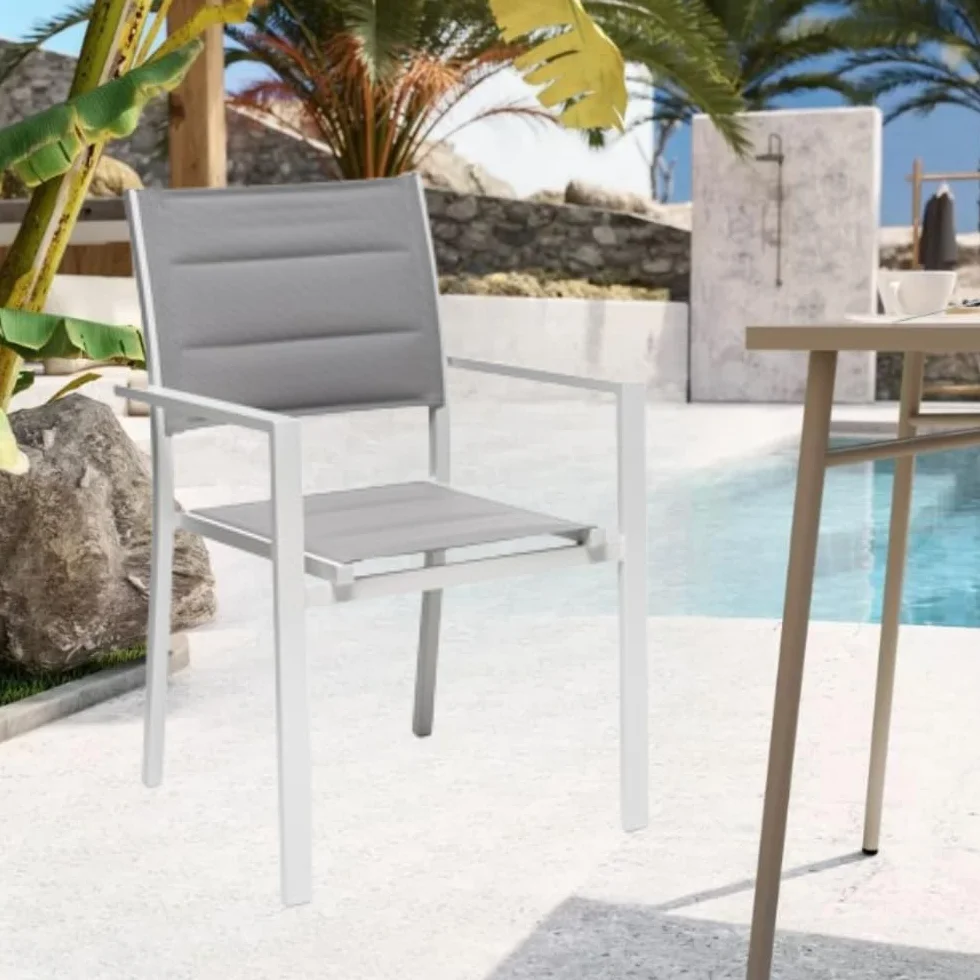 Set 4 Poltrone Da Esterno Alamos Con Braccioli, In Alluminio Verniciato Bianco, Impilabile, L 57 x P 58 x H 86 Cm, Seduta Confortevole In Textilene Per Arredo Giardino