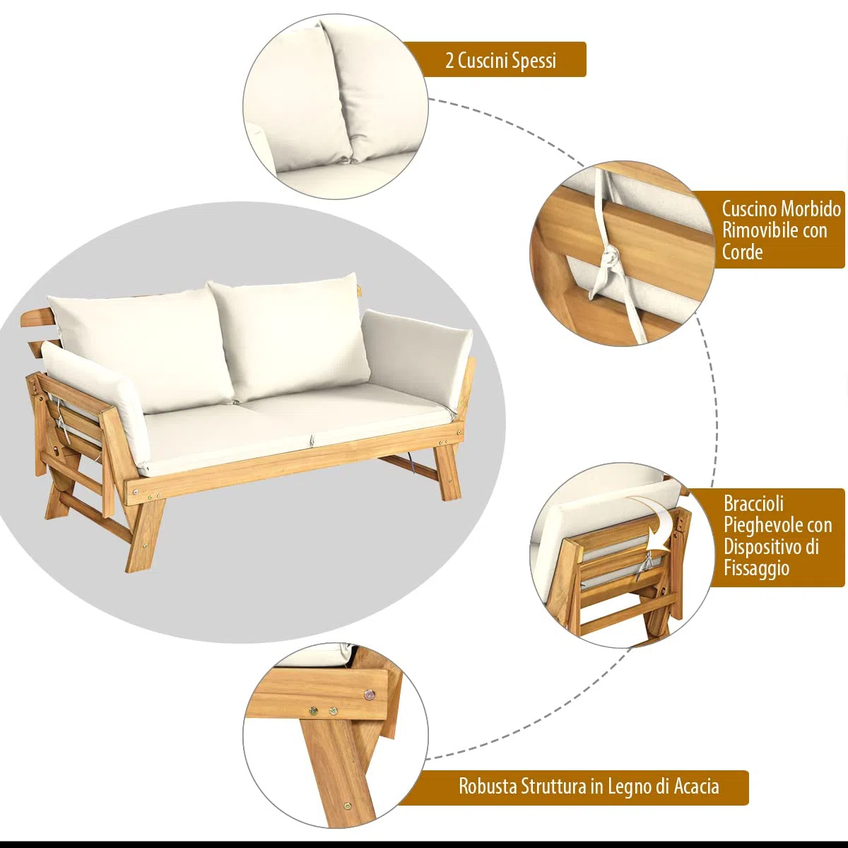 COSTWAY Divano Esterno a 2 Posti, in Legno di Acacia, Lettino Giardino con Braccioli Regolabili, Sdraio da Giardino con Cuscini, Chaise Longue per Giardino, Piscina, Cortile (Bianco)
