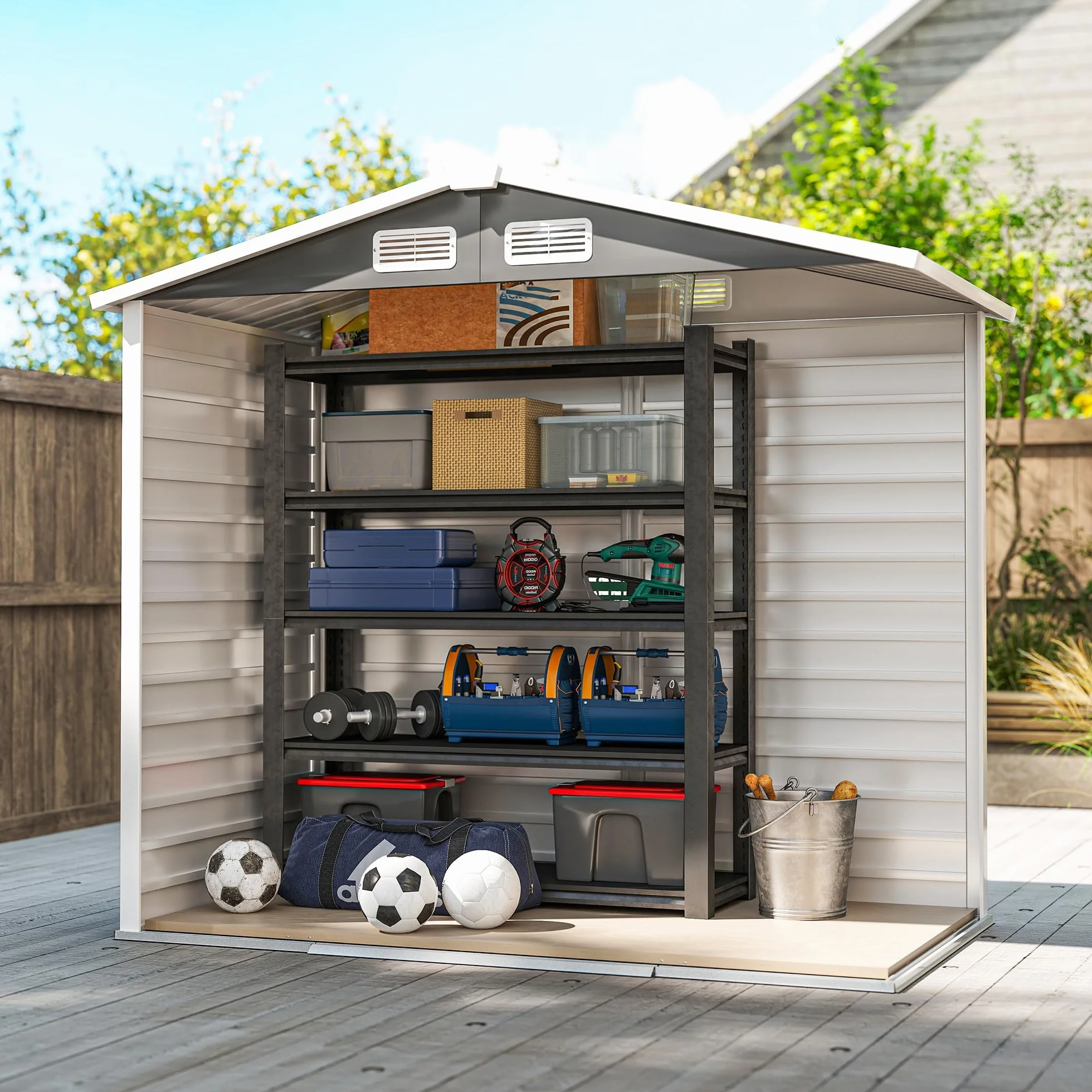 Outsunny Casetta da Giardino 2.36 m² Lamiera d'Acciaio 4 Prese d'Aria 2 Porte Scorrevoli Capanno Porta Attrezzi Tetto Inclinato 213x120x194 cm Grigio Scuro
