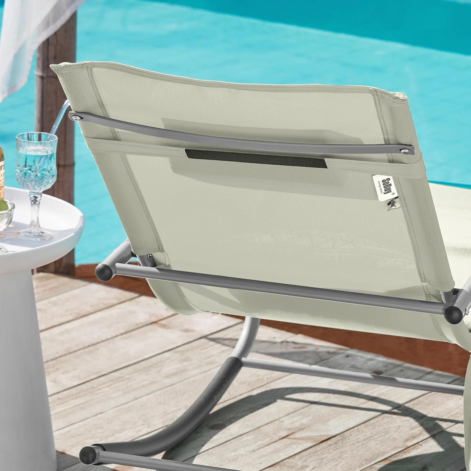 SoBuy Set di 2 sedie a dondolo da esterno con cuscino e poggiatesta, beige, 150x63x87 cm