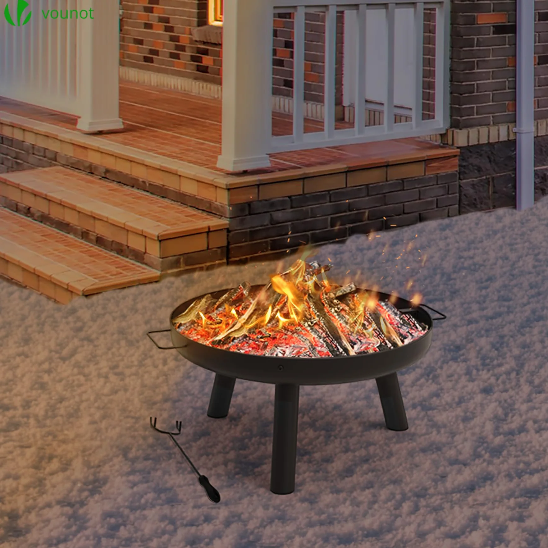 VOUNOT Braciere da Giardino Ø60 cm Metallo con Griglia e Attizzatoio, Rotondo a Legna, Nero