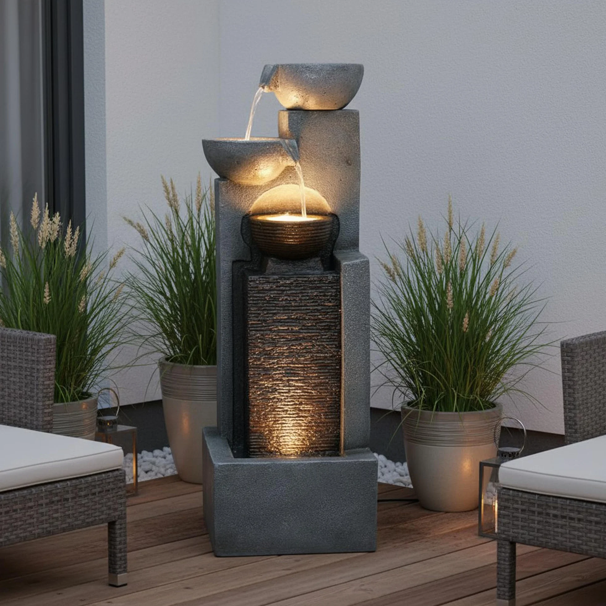 Arnusa, Grande fontana da giardino con illuminazione a LED, fontana a cascata, decorazione da giardino, Nero, Grigio