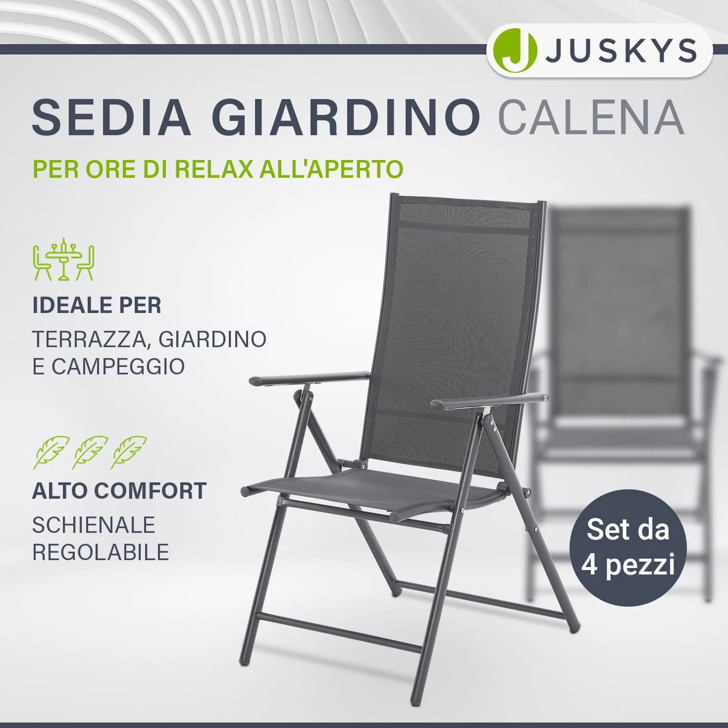 Juskys Sedie da giardino Calena set 4 pezzi antracite – Schienale regolabile in 7 posizioni – pieghevoli con struttura in acciaio e tessuto traspirante