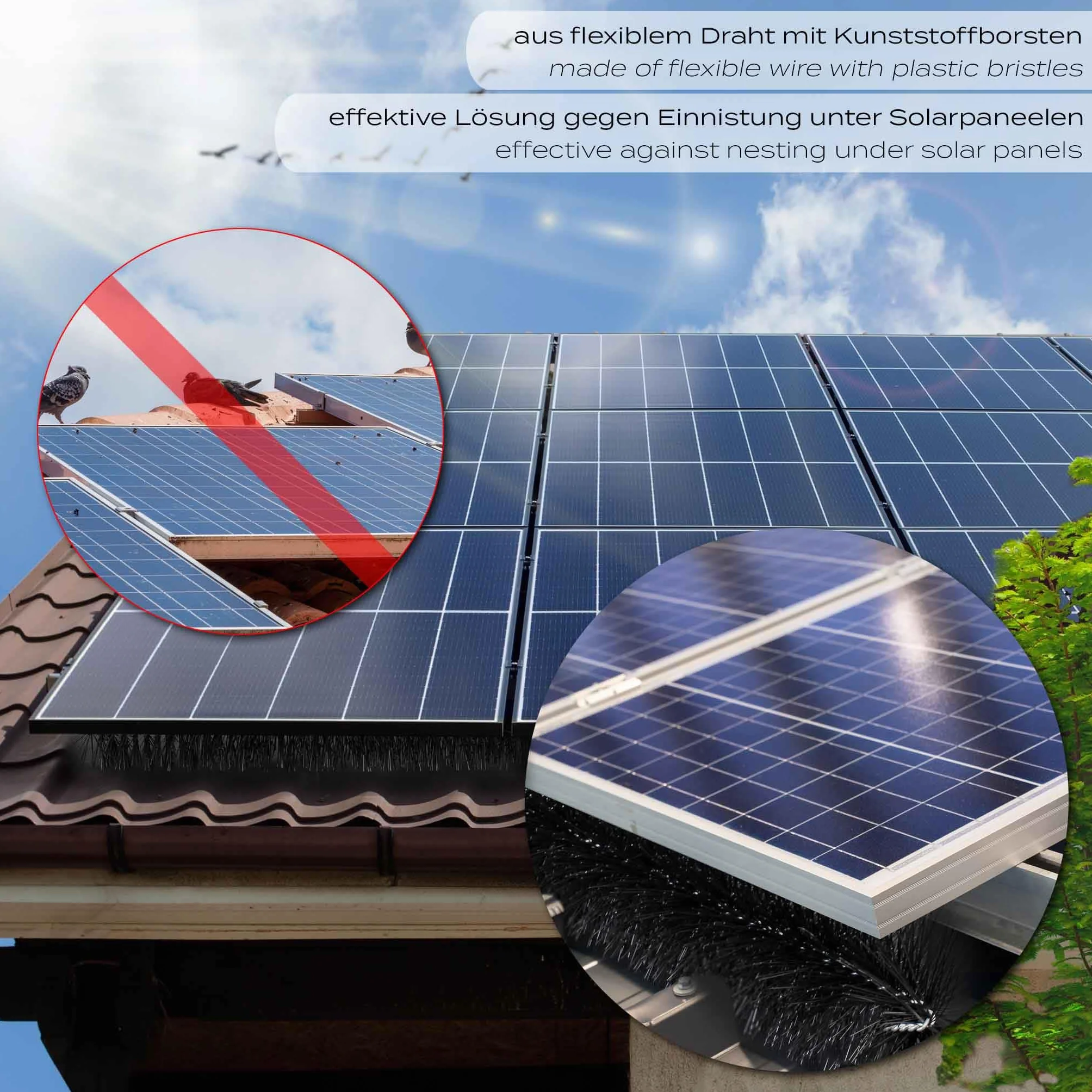 Wiltec Spazzola per grondaie e Barriera anti piccioni 10 scovoli 12 m Ø 19 cm per pannelli fotovoltaici