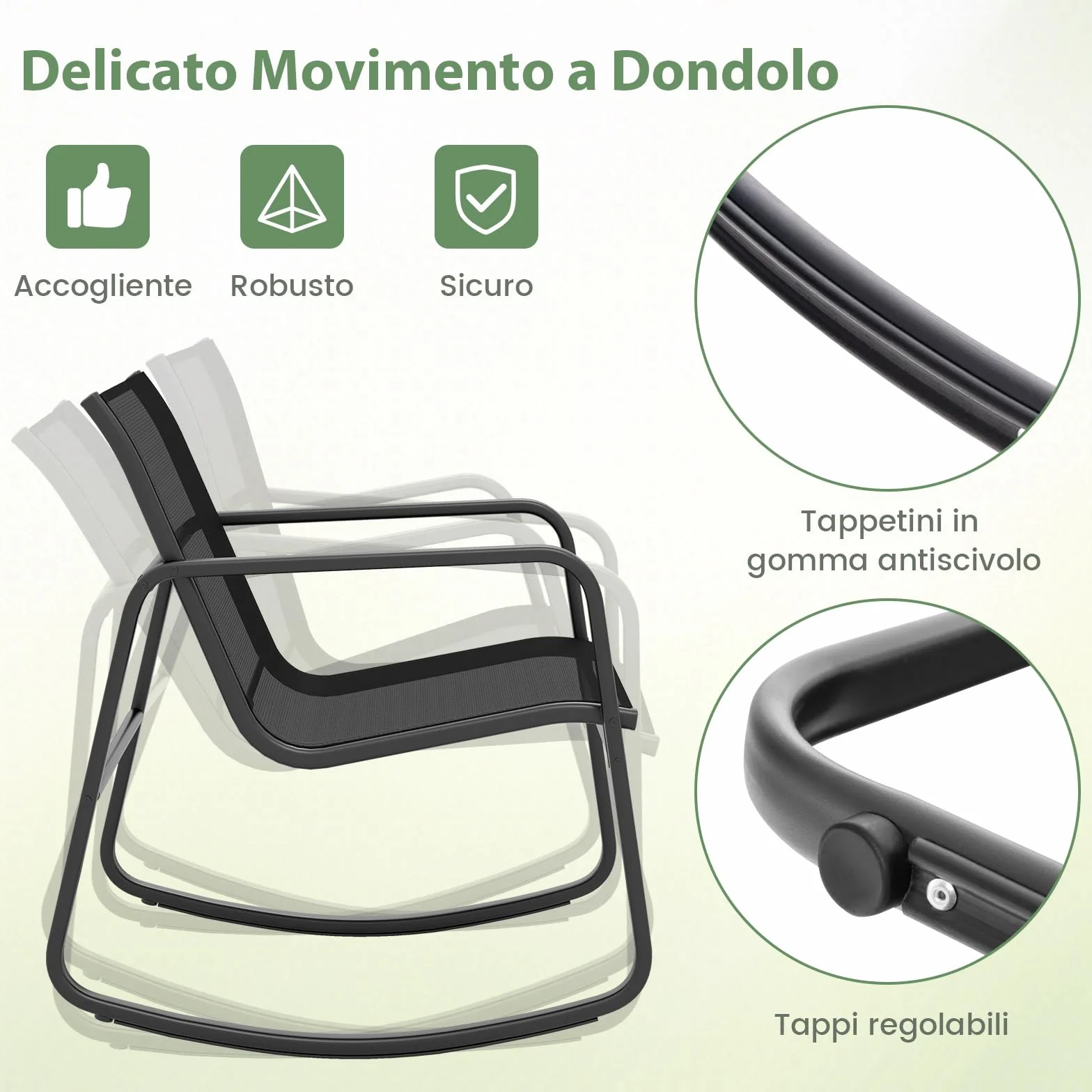 COSTWAY Set Bistrò 3 Pezzi, Sedie a Dondolo Ergonomiche Textilene, Tavolino Vetro Temperato, Struttura Metallo, Nero