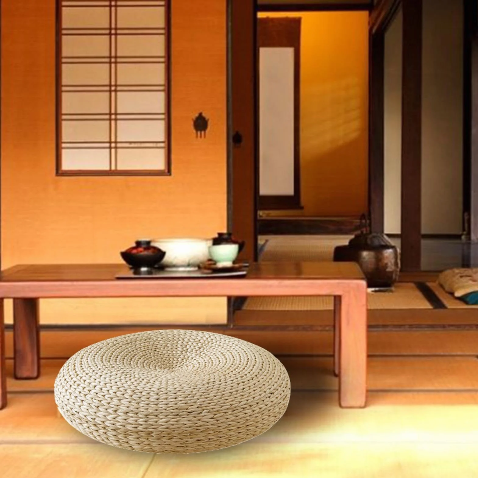 Futon, Cuscino in Vimini Naturale, Cuscino rotondo Tatami, Cuscino Seduta in Paglia da Terra Rotondo Tatami, Traspirante, Cuscino Rotondo da Pavimento, Decorazione per Salotto da Giardino