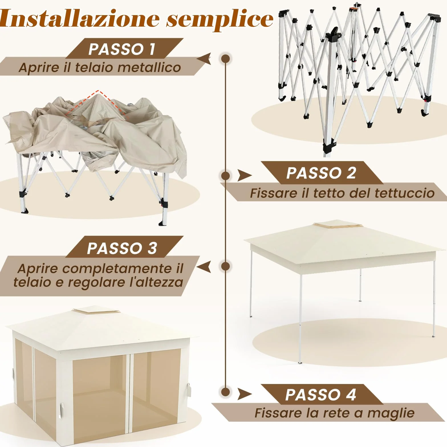 COSTWAY Gazebo Pieghevole 3,4 x 3,4 m con Zanzariera e Tende Laterali Tenda da Giardino Antivento 210D Beige