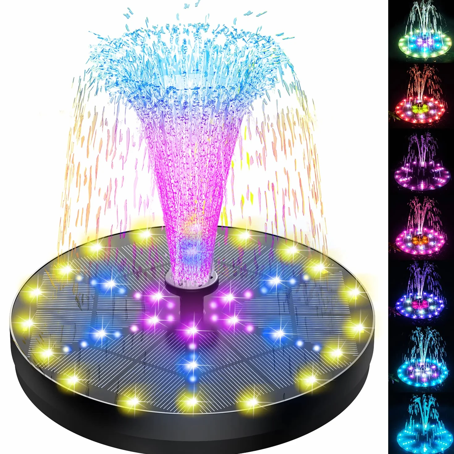 SZMP 4W Fontana Solare 60 LEDs Colorato,2025 Nuovo Fontana da Giardino Esterno con 4000mAh Batteria,8 Ugelli Solare Fontana Pompa ad Acqua Solare per Uccelli,Stagno o Decorazione del Giardino