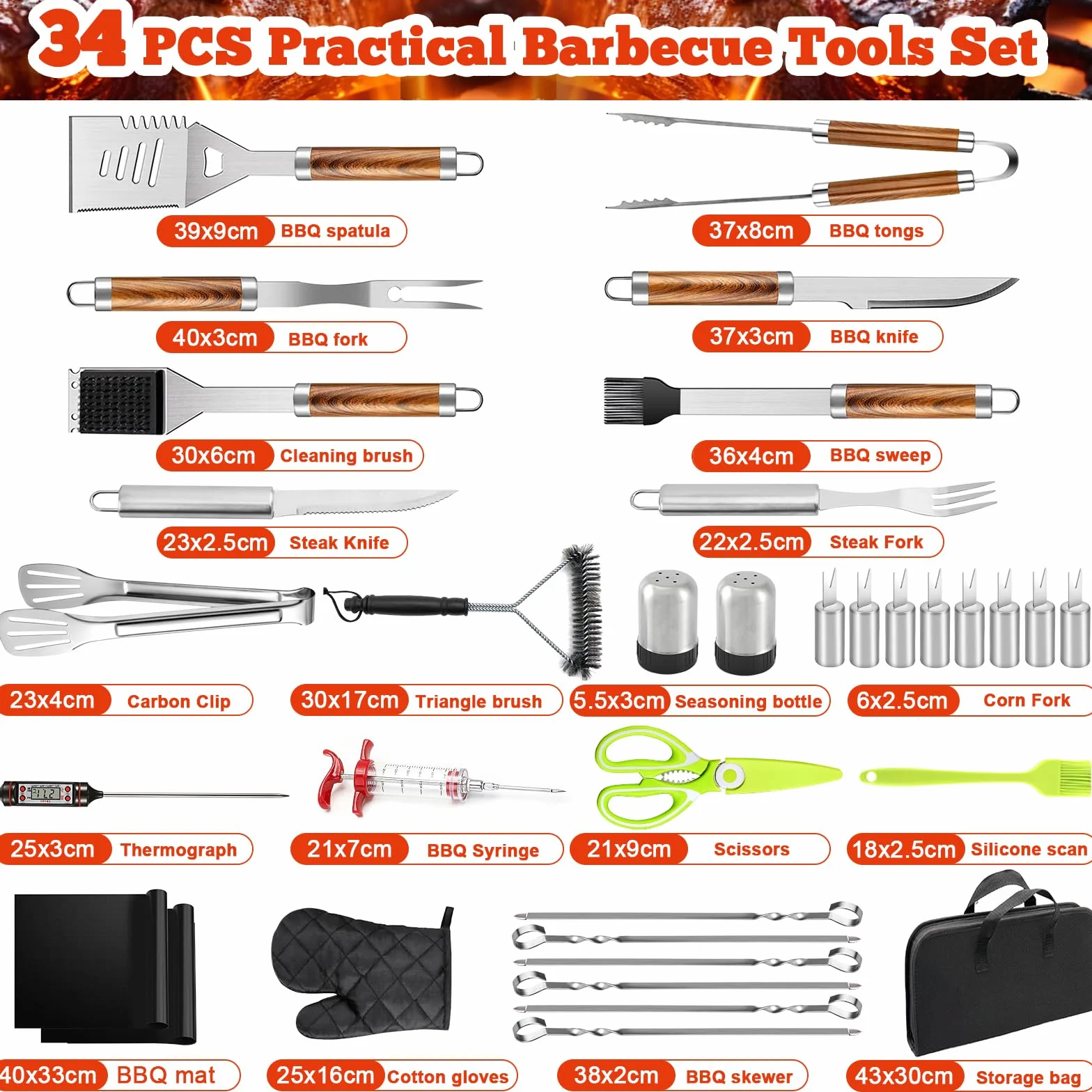 Set Barbecue 34 Pezzi, Utensili da Barbecue in Acciaio Inox, Accessori da Grill, con Borsa di Archiviazione e Tappetini, Regalo per Uomini, per Campeggio e Feste all'Aperto