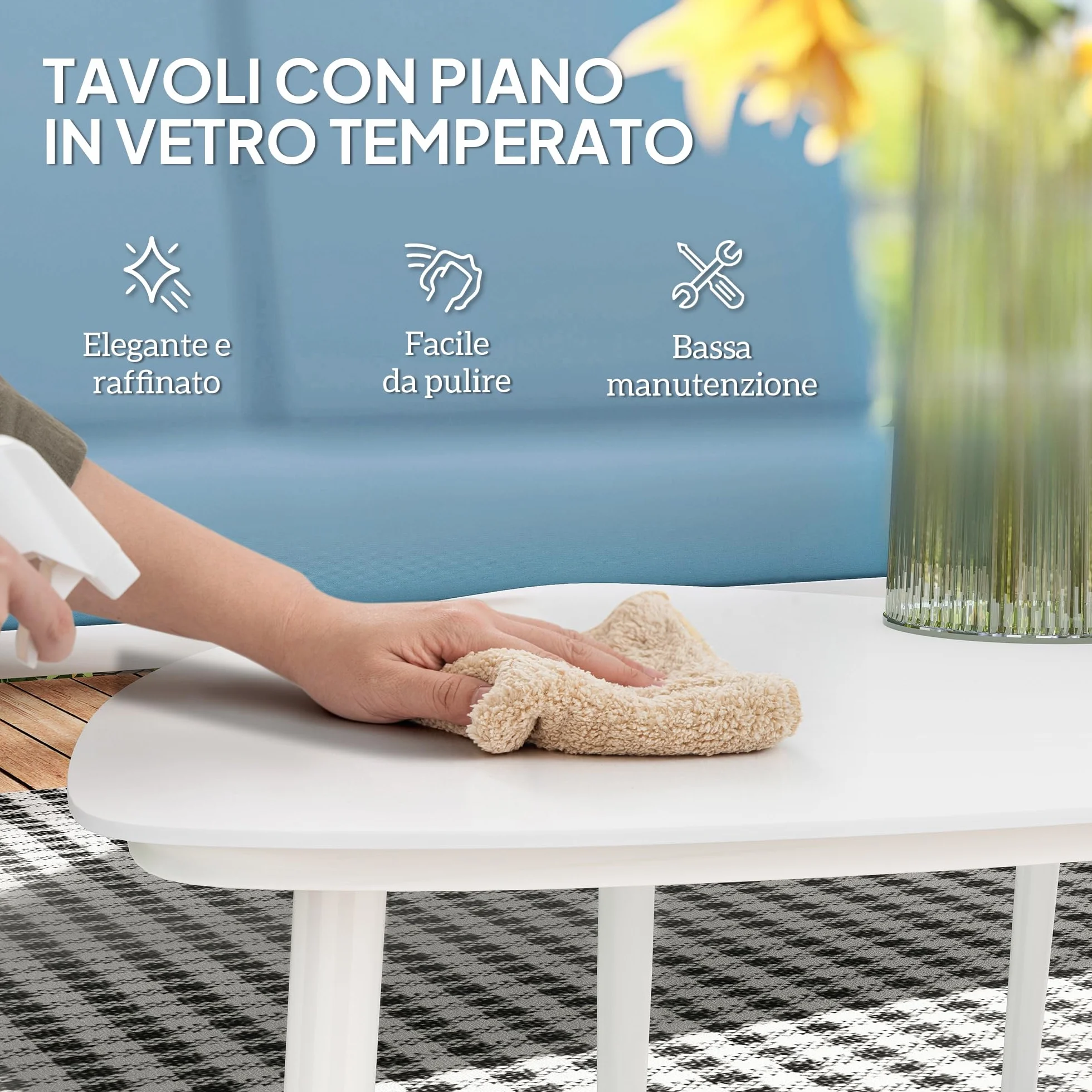 Outsunny Set Salotto da Giardino 5 Pezzi con Divanetto 2 Posti, Poltrone e Tavolino in Vetro, Azzurro