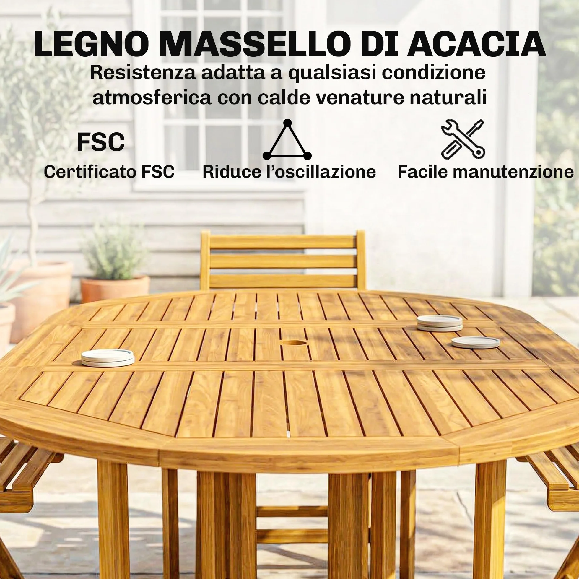Outsunny Set Tavolo e Sedie da Giardino 7 Pezzi in Legno Acacia Pieghevole con Foro Ombrellone Ruote