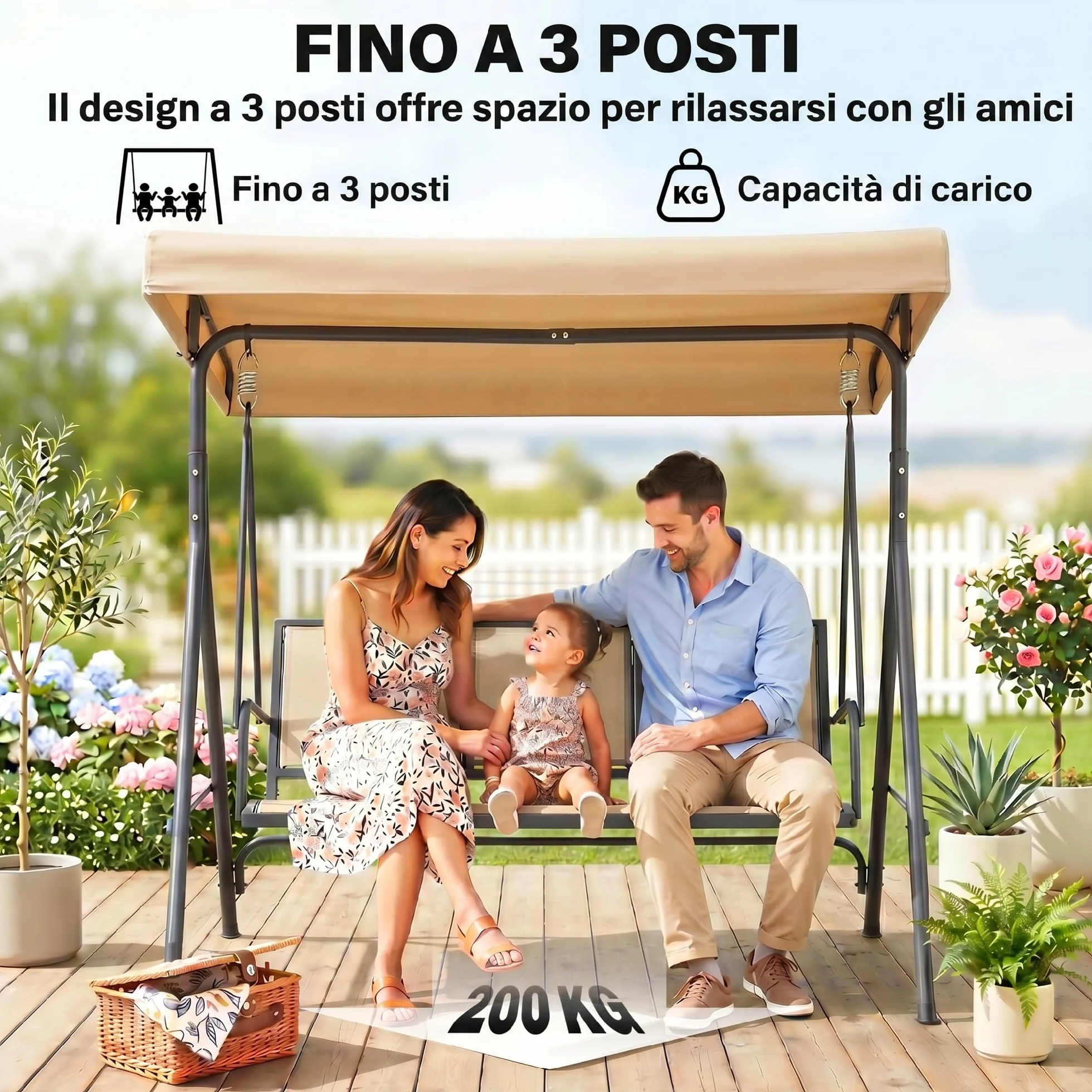 Outsunny Dondolo da Giardino 3 Posti con Tettuccio Parasole Regolabile, Dondolo da Esterno con Seduta Traspirante in Poliestere e Telaio in Acciaio, Portata 200 kg, Anti UV, 175x118x159 cm, Beige
