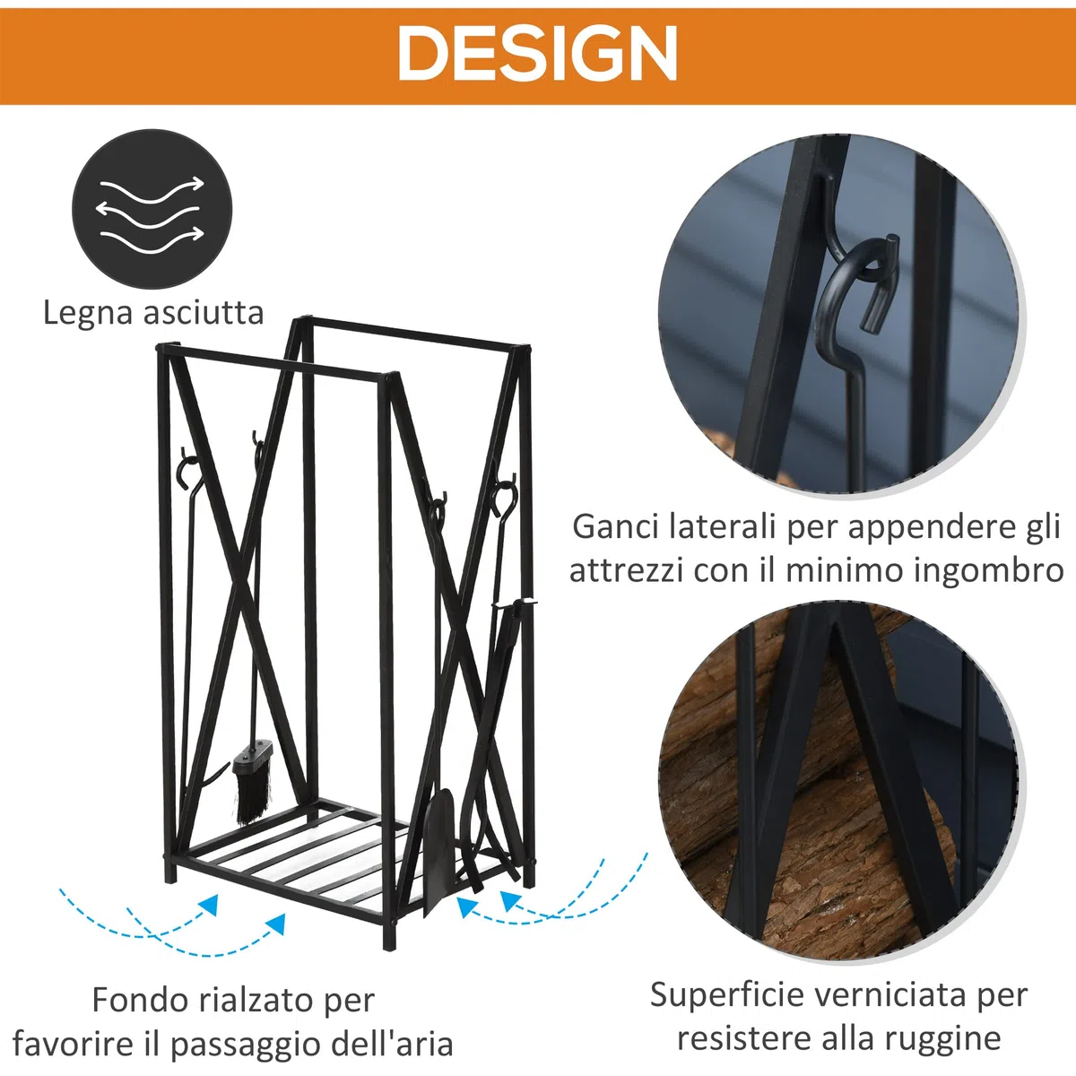 HOMCOM Scaffale Portalegna in Acciaio 4 Attrezzi, 46x30x76cm, Nero