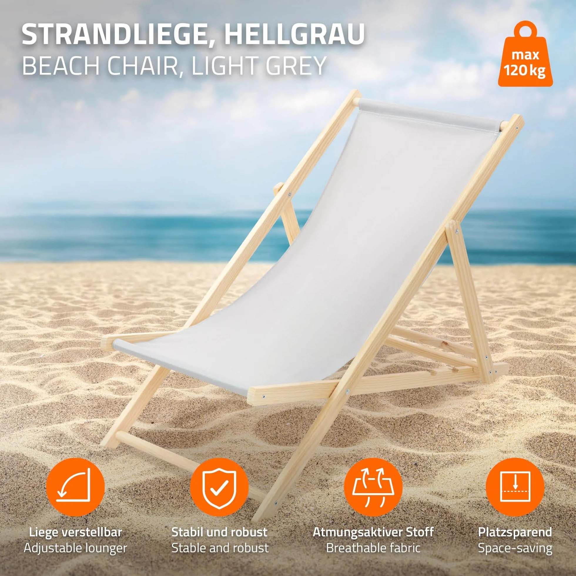 ECD Germany 10x Sedie a Sdraio Pieghevole in Legno con Tessuto Traspirante Grigio Chiaro Schienale Reclinabile in 3 Posizioni, Lettino Relax con Portata 120 kg per Spiaggia, Giardino e Terrazza