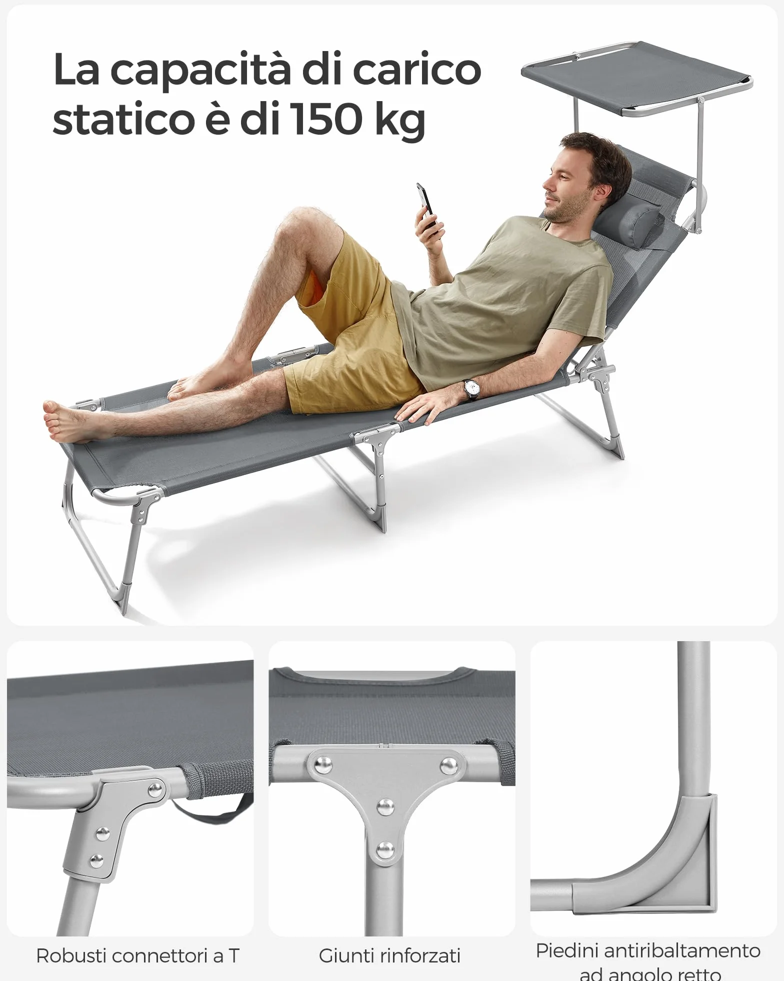 SONGMICS Lettino Prendisole Pieghevole 193x53x29 cm Max Portata 150 kg Poggiatesta Parasole Schienale Reclinabile Grigio Scuro