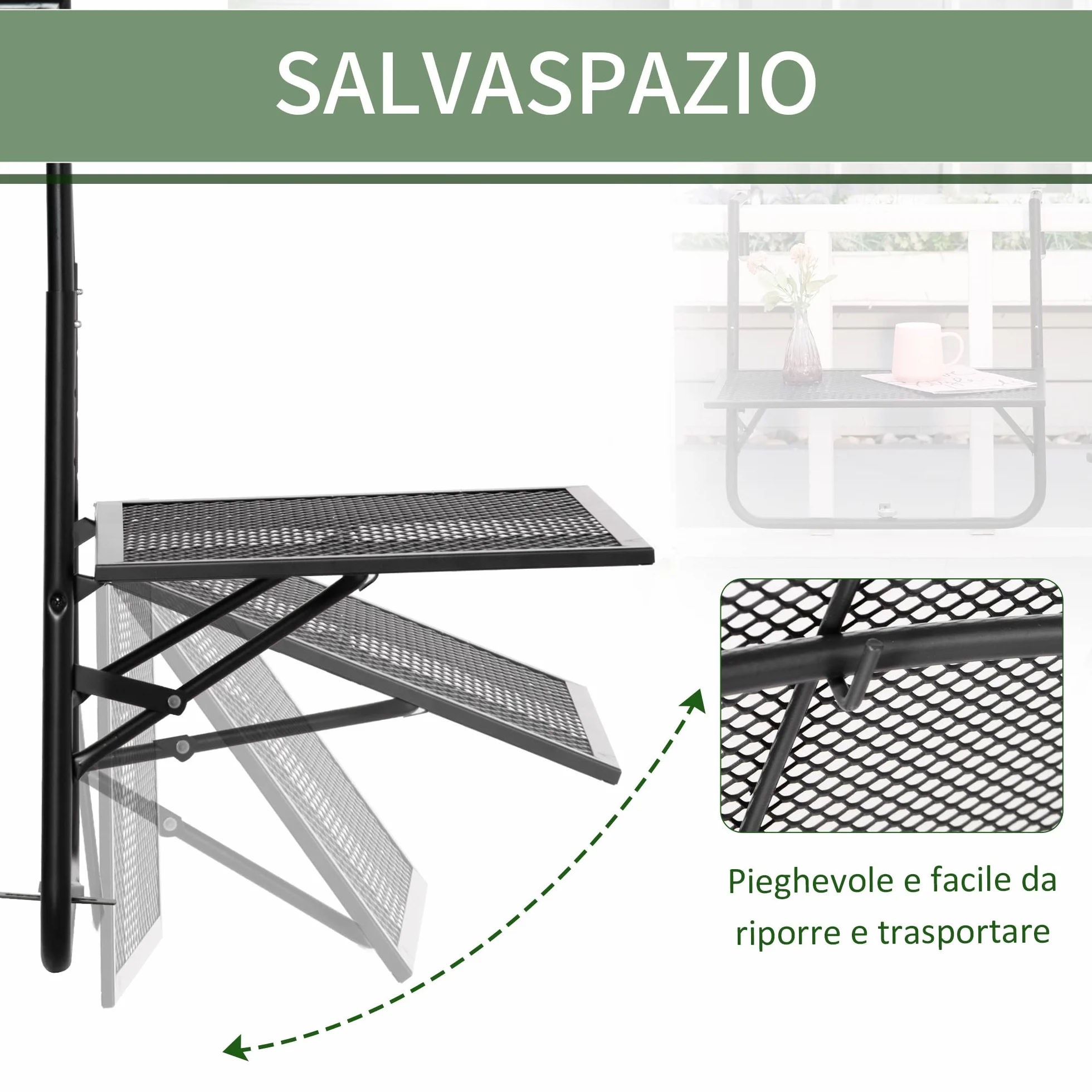 Outsunny Tavolo da Ringhiera Pieghevole in Metallo, 60x60x57-72cm, Nero