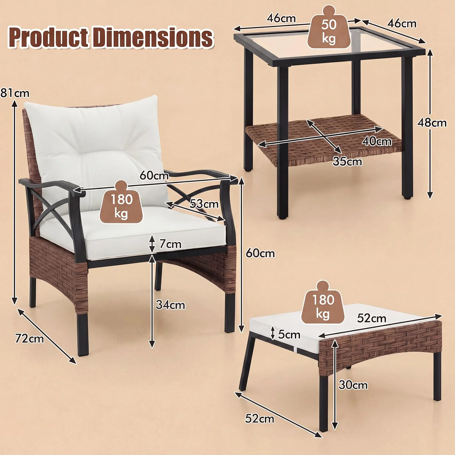 GIANTEX Set da Giardino in Rattan per 2 Persone con Poltrone e Sgabello