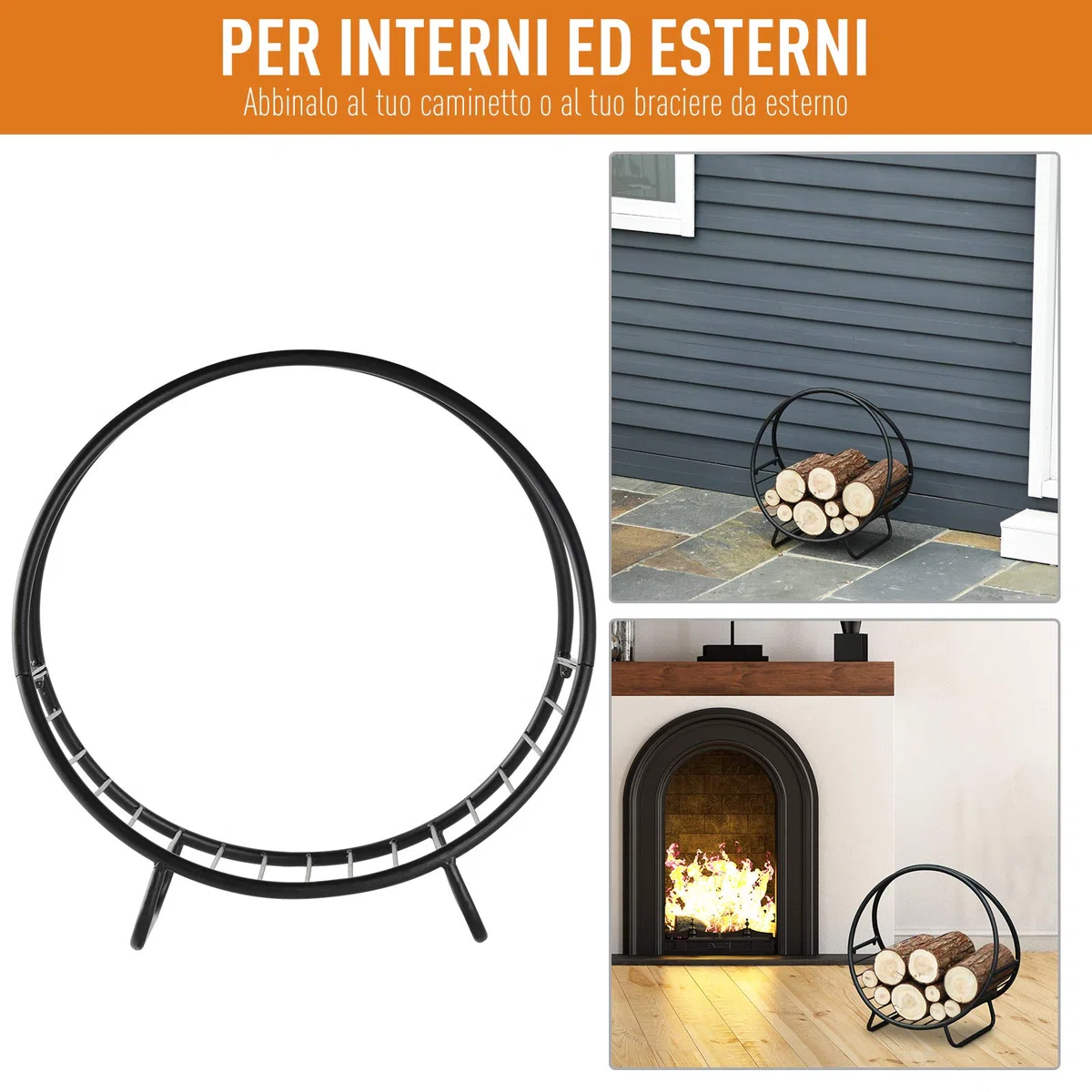 Outsunny Portalegna in Metallo per Camino, Porta Legna a Cesto, 45x29.5x47cm, Nero