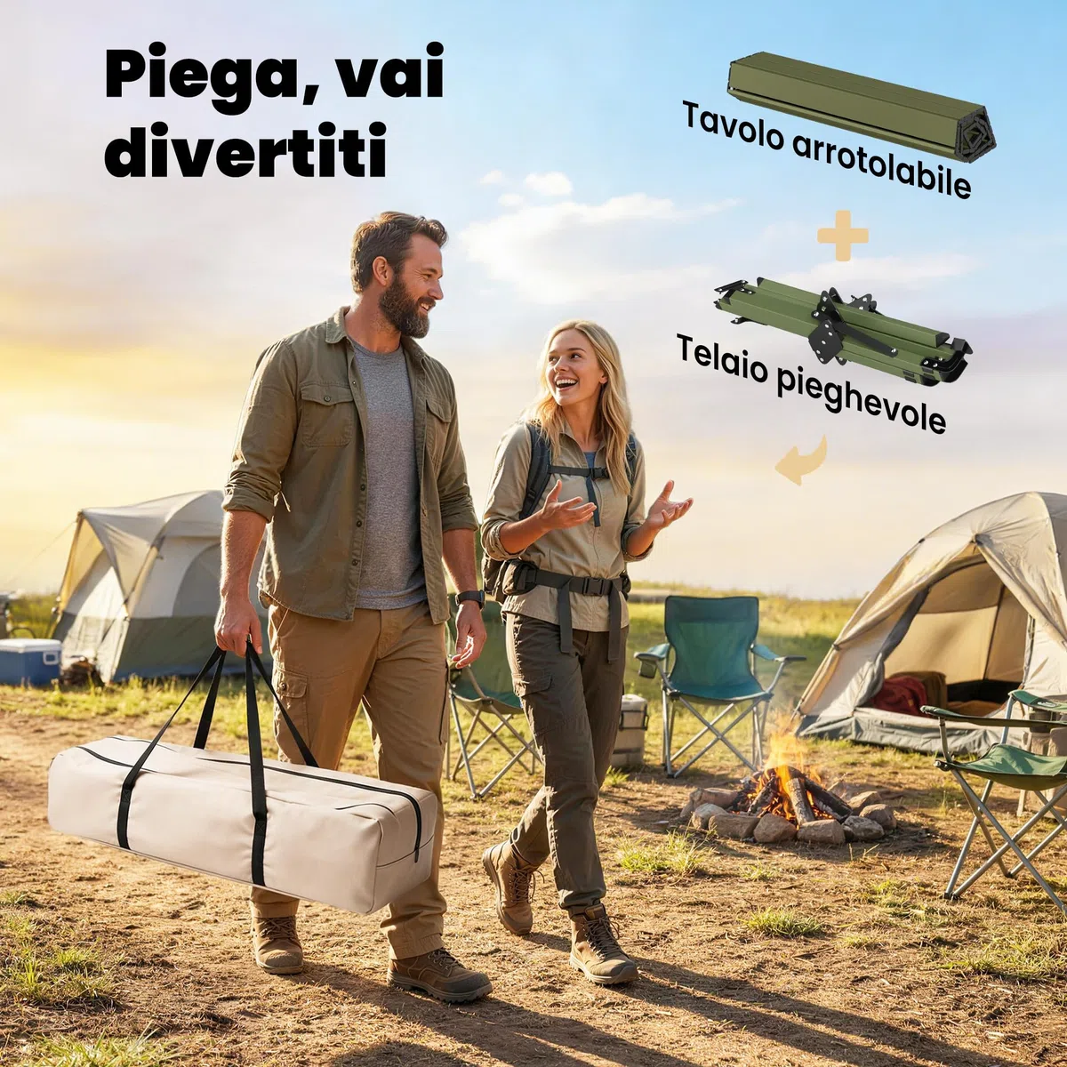 Outsunny Tavolo da Campeggio Pieghevole 116 cm, Tavolo da Picnic Impermeabile con Piano Arrotolabile e Struttura in Metallo, Portatile per Giardino, Parco, BBQ, Verde