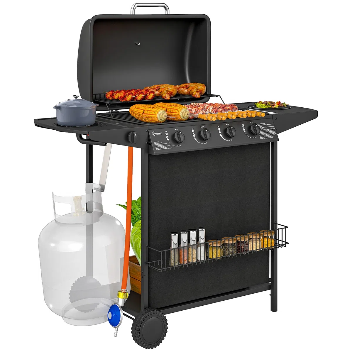 Outsunny Barbecue a Gas 4+1 Bruciatori con Coperchio e Termometro, Griglie, Tavolino Laterale, Nero