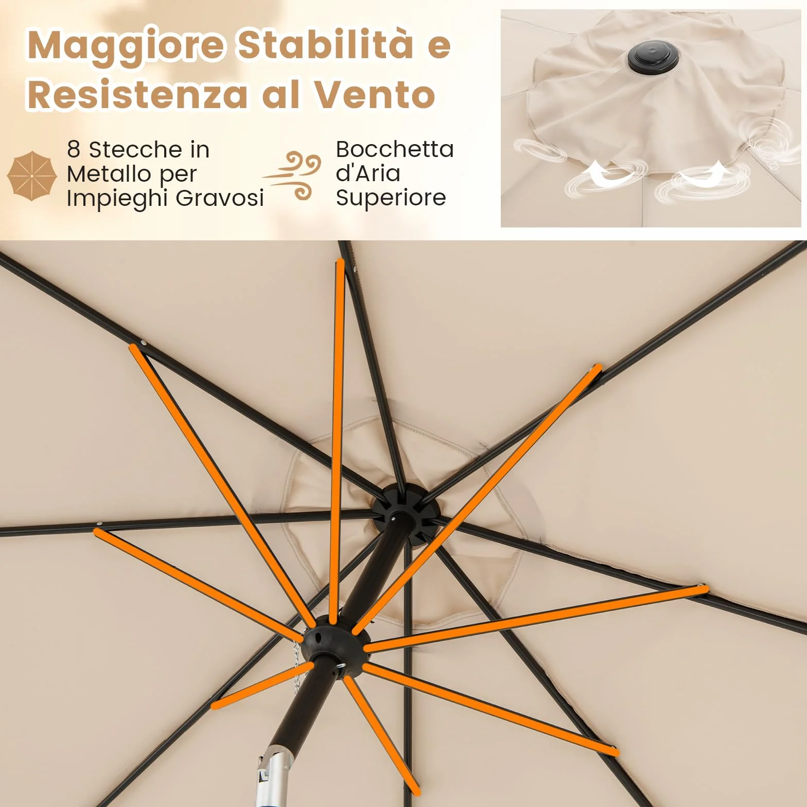 COSTWAY Ombrellone da Giardino 290 cm con Inclinazione Regolabile, 8 Stecche Manovella per Spiaggia Piscina Cortile Beige