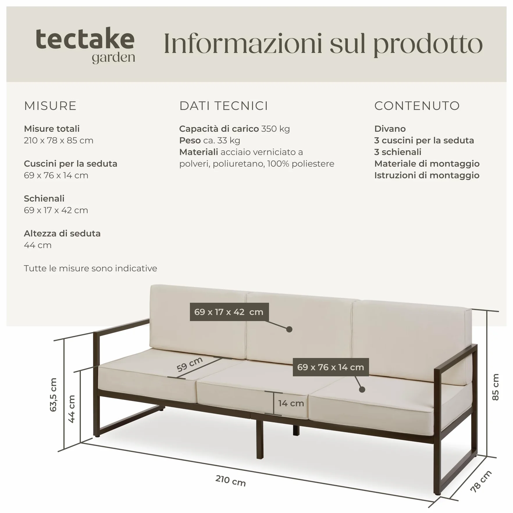 Tectake Divano da Giardino Comosa 3 Posti Imbottitura XXL Acciaio Verniciato