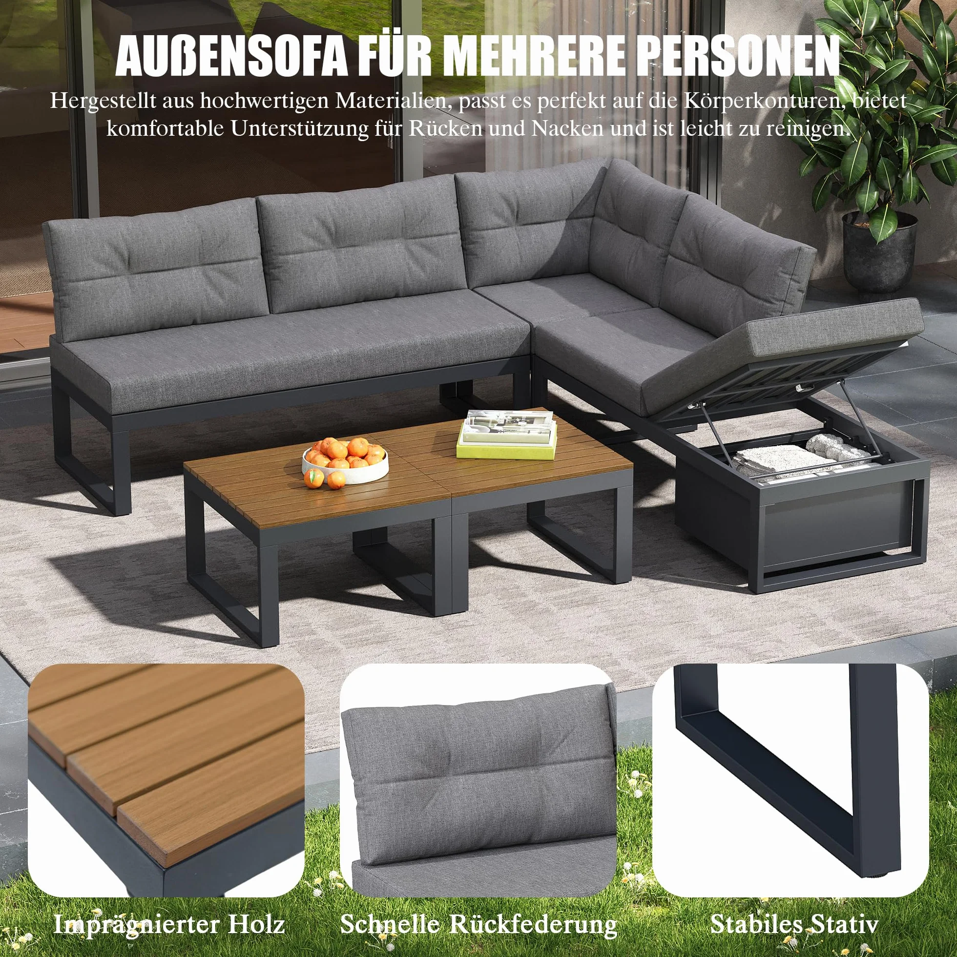 Set di mobili da giardino,Divano da giardino da esterno con schienale regolabile su 3 livelli,Divano con spazio di archiviazione e funzione di inclinazione,Adatto per terrazzi e giardini,Grigio