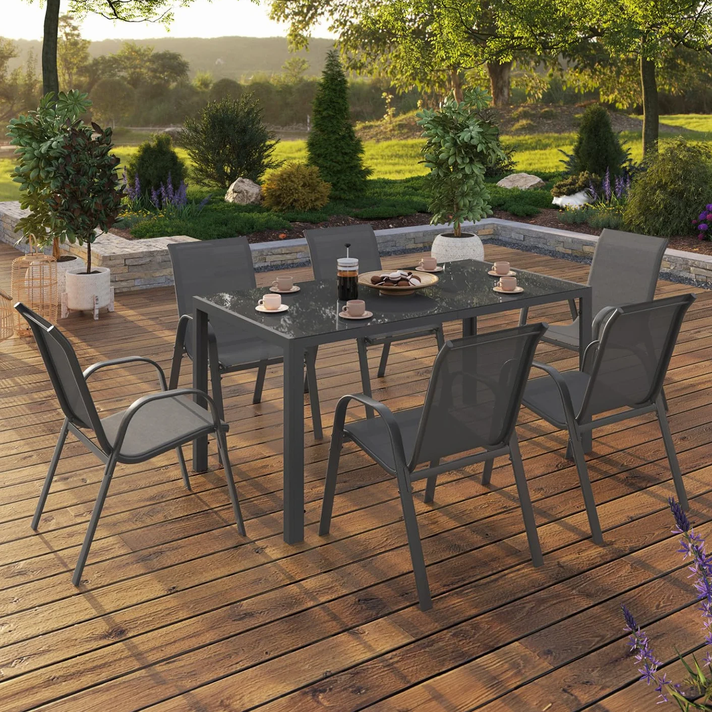 Set di mobili da Giardino Madrid Tavolo 150 CM e 6 sedie impilabili Grigio Antracite