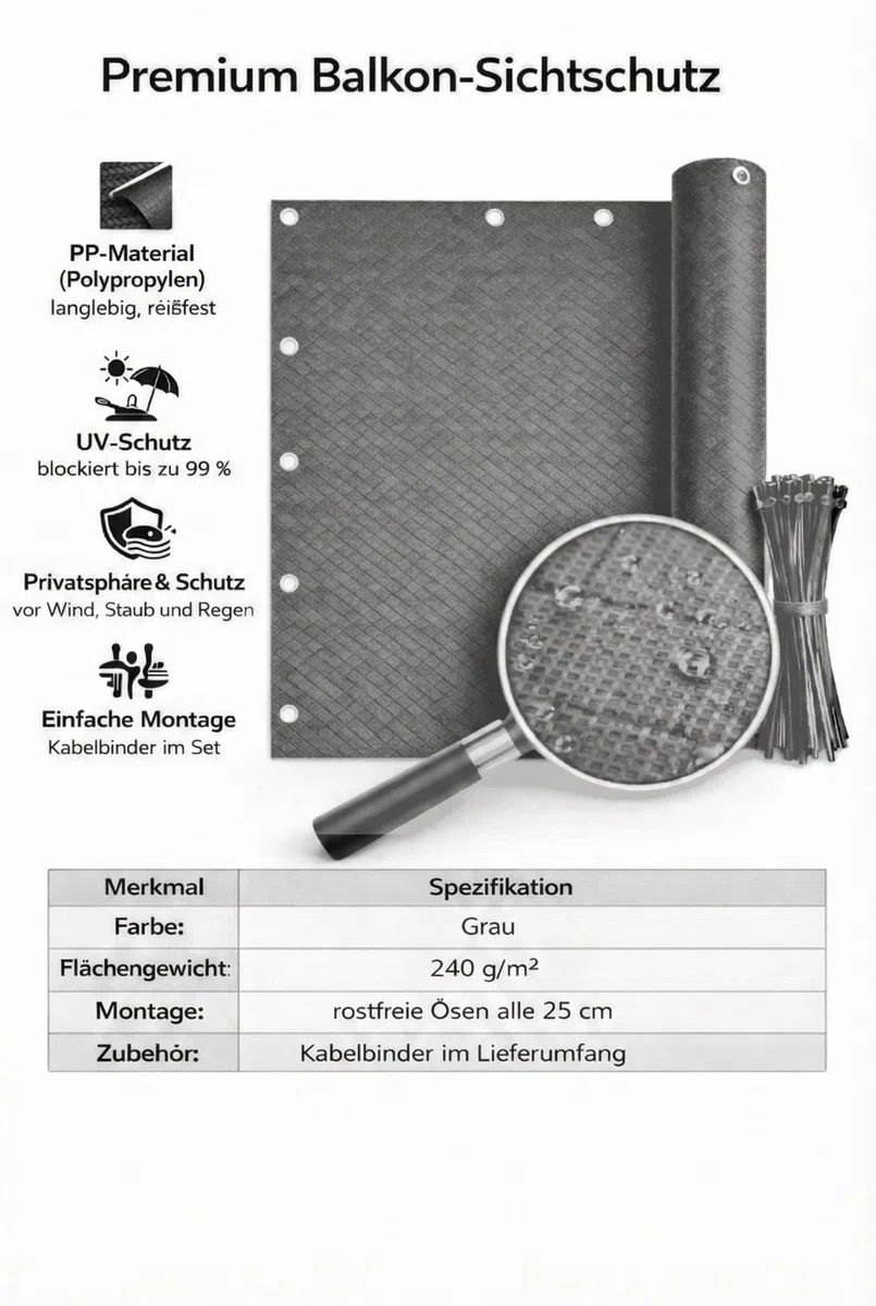 COVER IT Frangivista per Balcone Premium 240 g/m² 80 x 700 cm – Schermo Privacy Grigio
