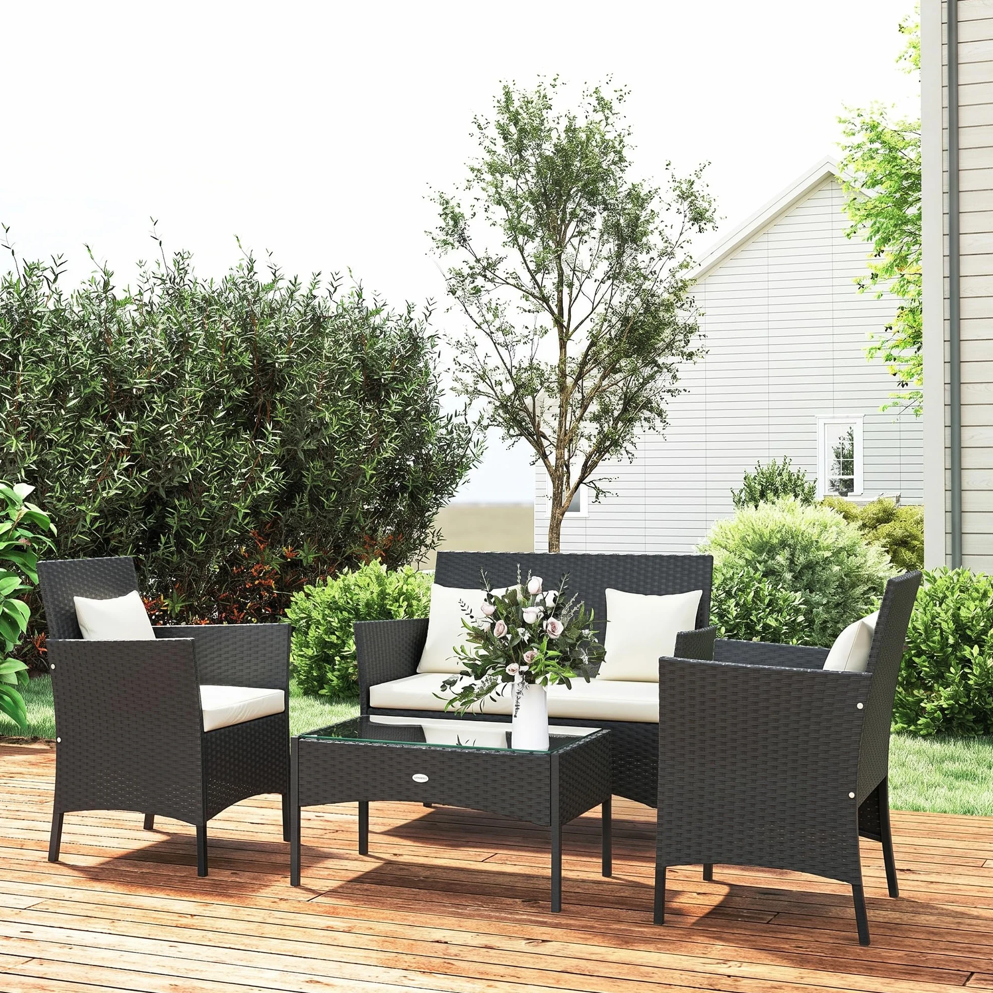 Outsunny Set da Giardino 4 Pezzi in Rattan con Sedie e Tavolino, Nero e Crema