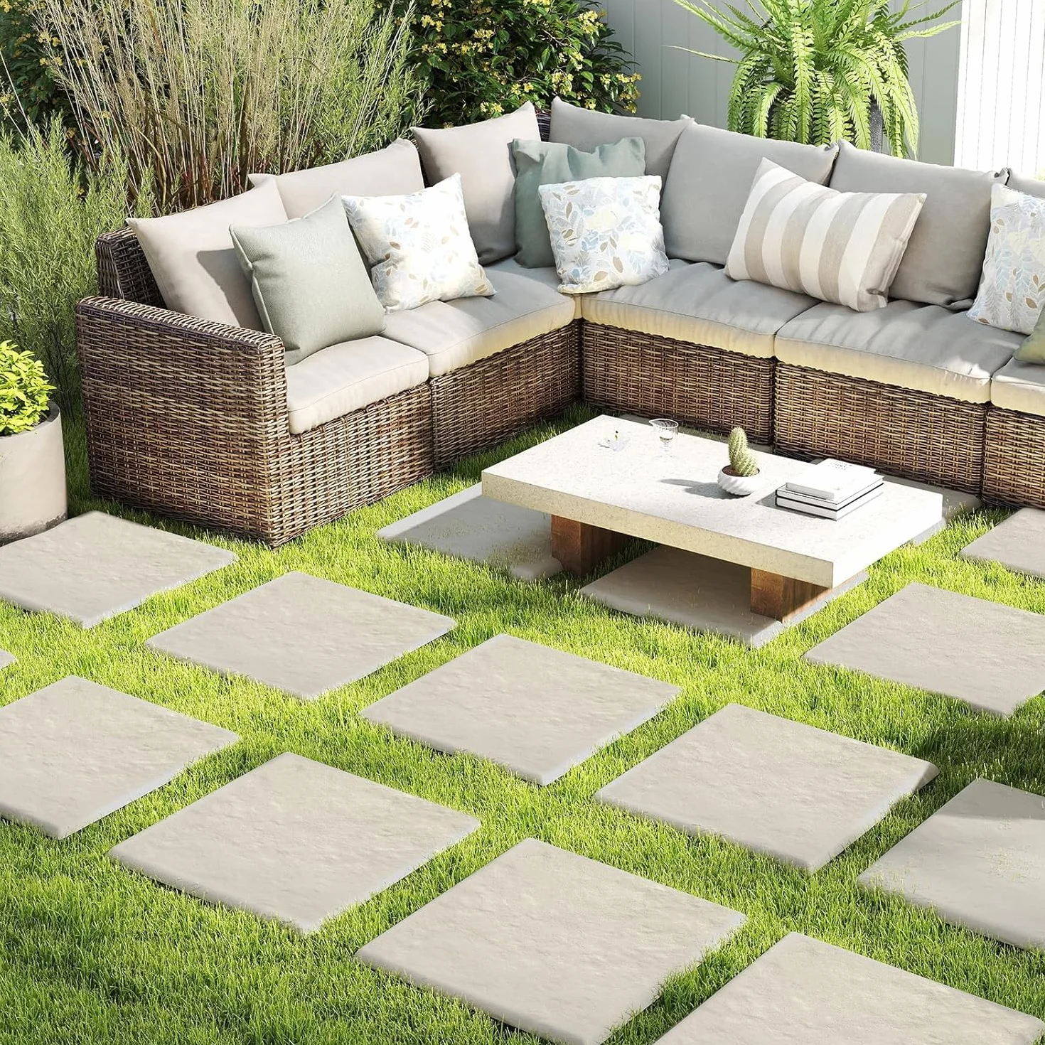 LIFEZEAL 8 Pezzi Pietre da Giardino con 4 Picchetti, Piastrelle per Esterno 39,5 x 39,5 cm, Pietre Decorative in PP Resistente per Passerelle da Giardino e Passeggiate Esterne (Beige)