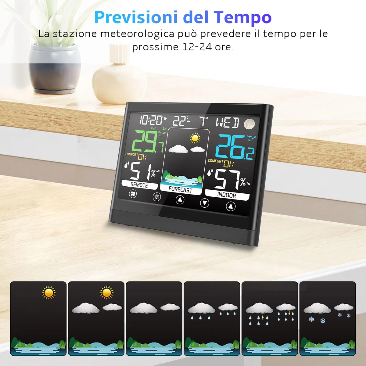 Stazione Meteo con Sensore Esterno, Termometro Igrometro Interno Digitale, Stazione Meteorologica Professionale, Ampio Schermo LCD Display, Sveglia Data Temperatura Umidità Previsioni di Tempo
