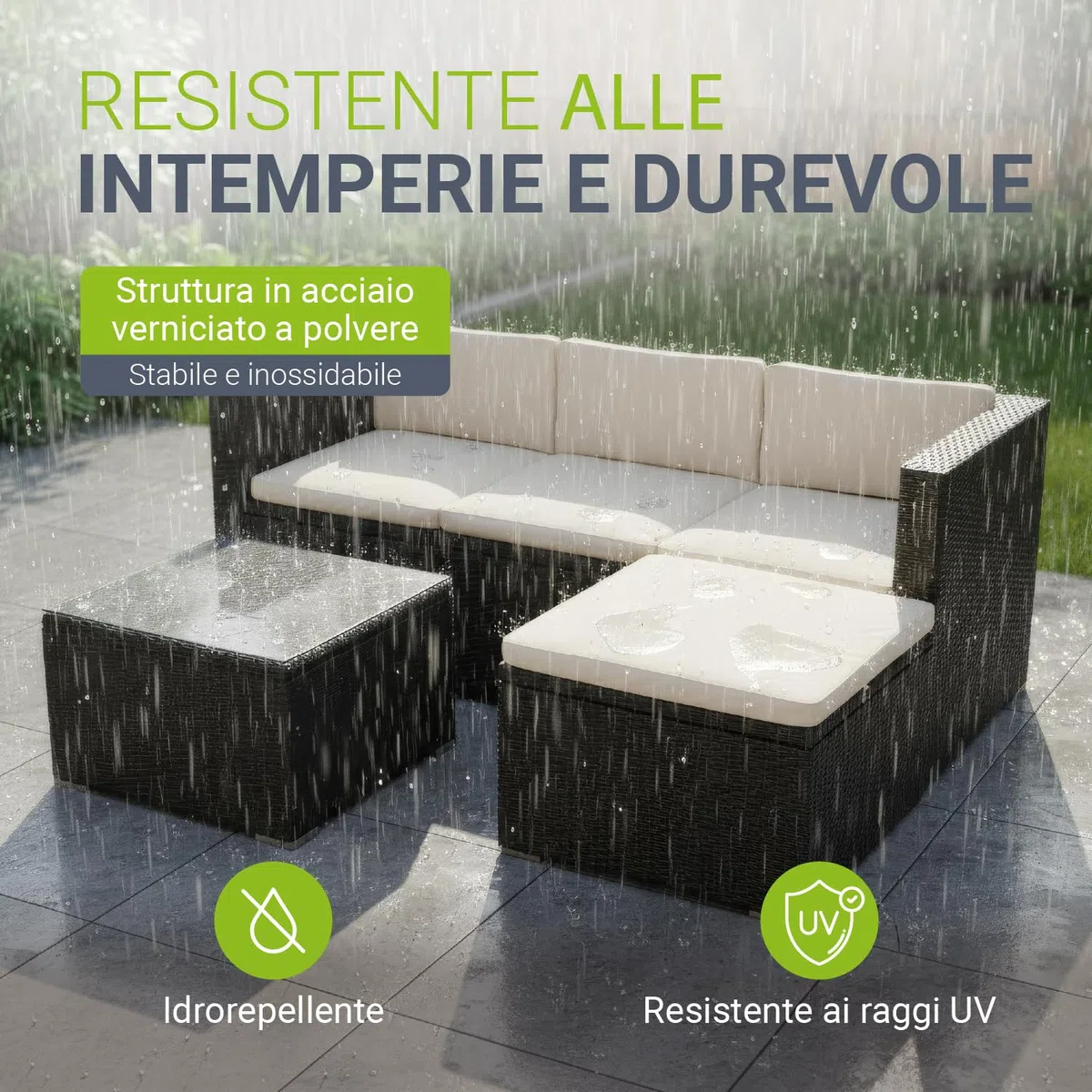 Juskys Lounge in polyrattan Punta Cana M resistente alle intemperie con divano 3 posti, sgabello, tavolo e cuscini per 3-4 persone - lounge da giardino Set di mobili da giardino nero/crema